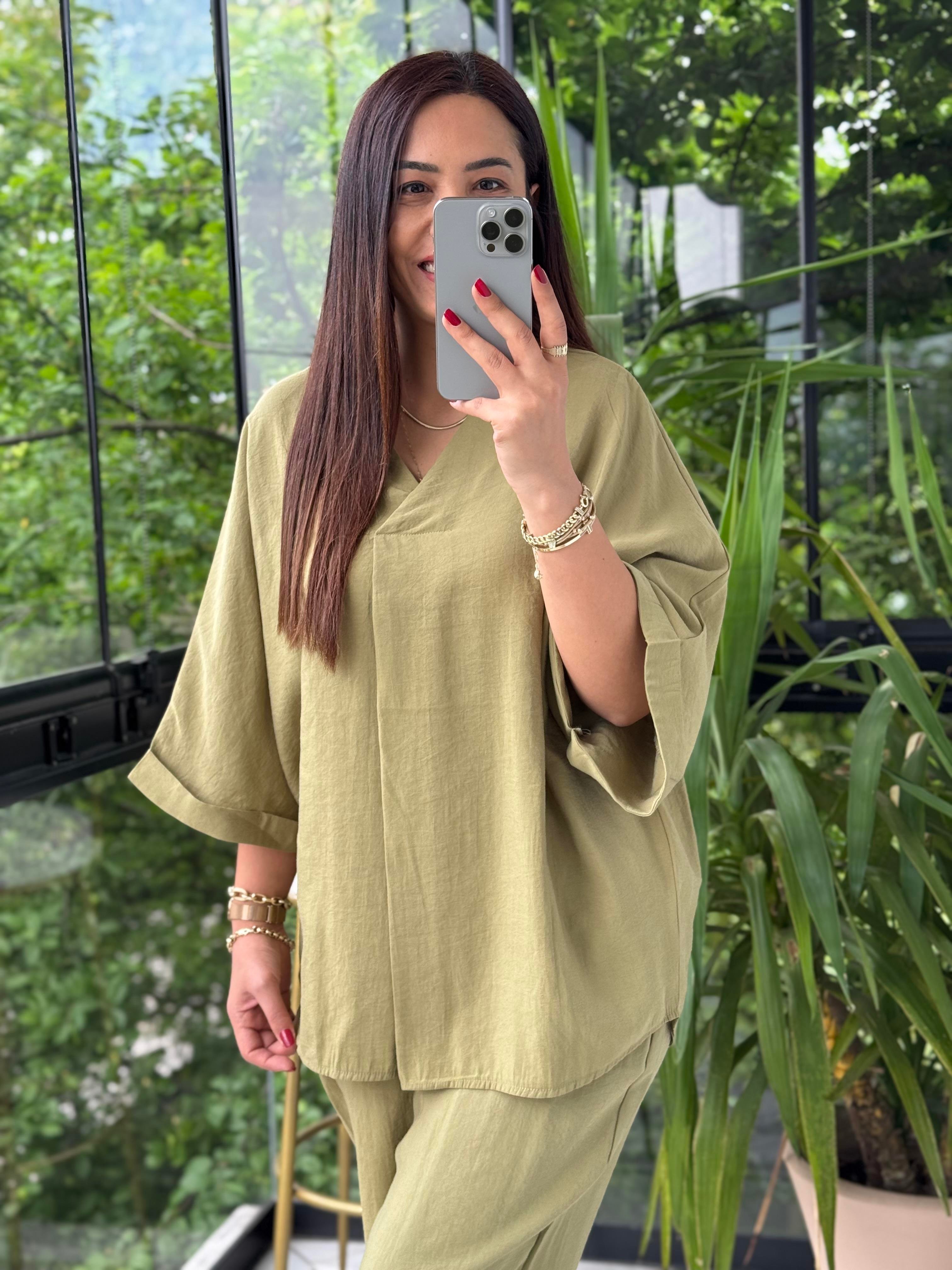 V Yaka Oversize Tensel Takım Yağ Yeşili