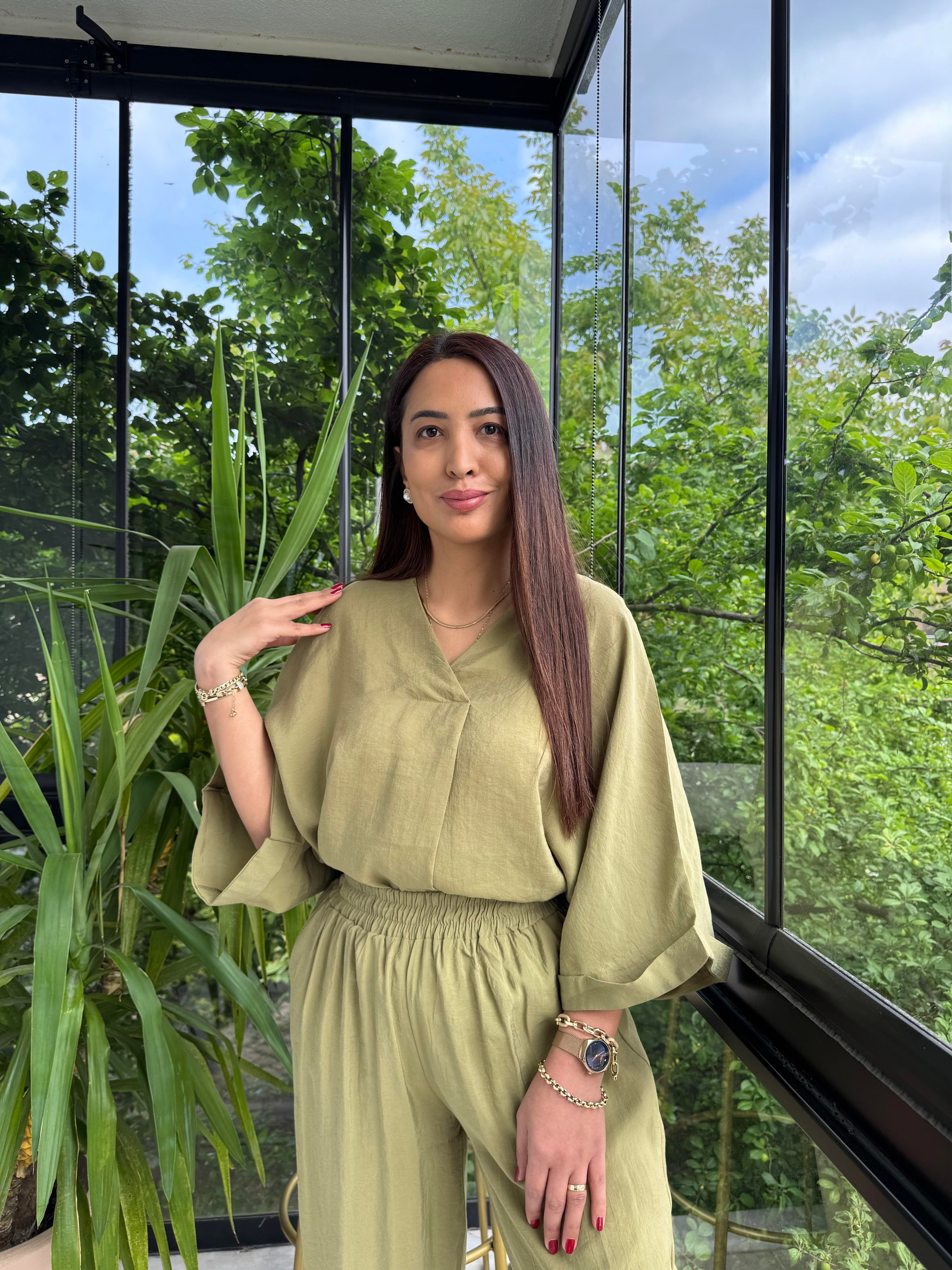 V Yaka Oversize Tensel Takım Yağ Yeşili