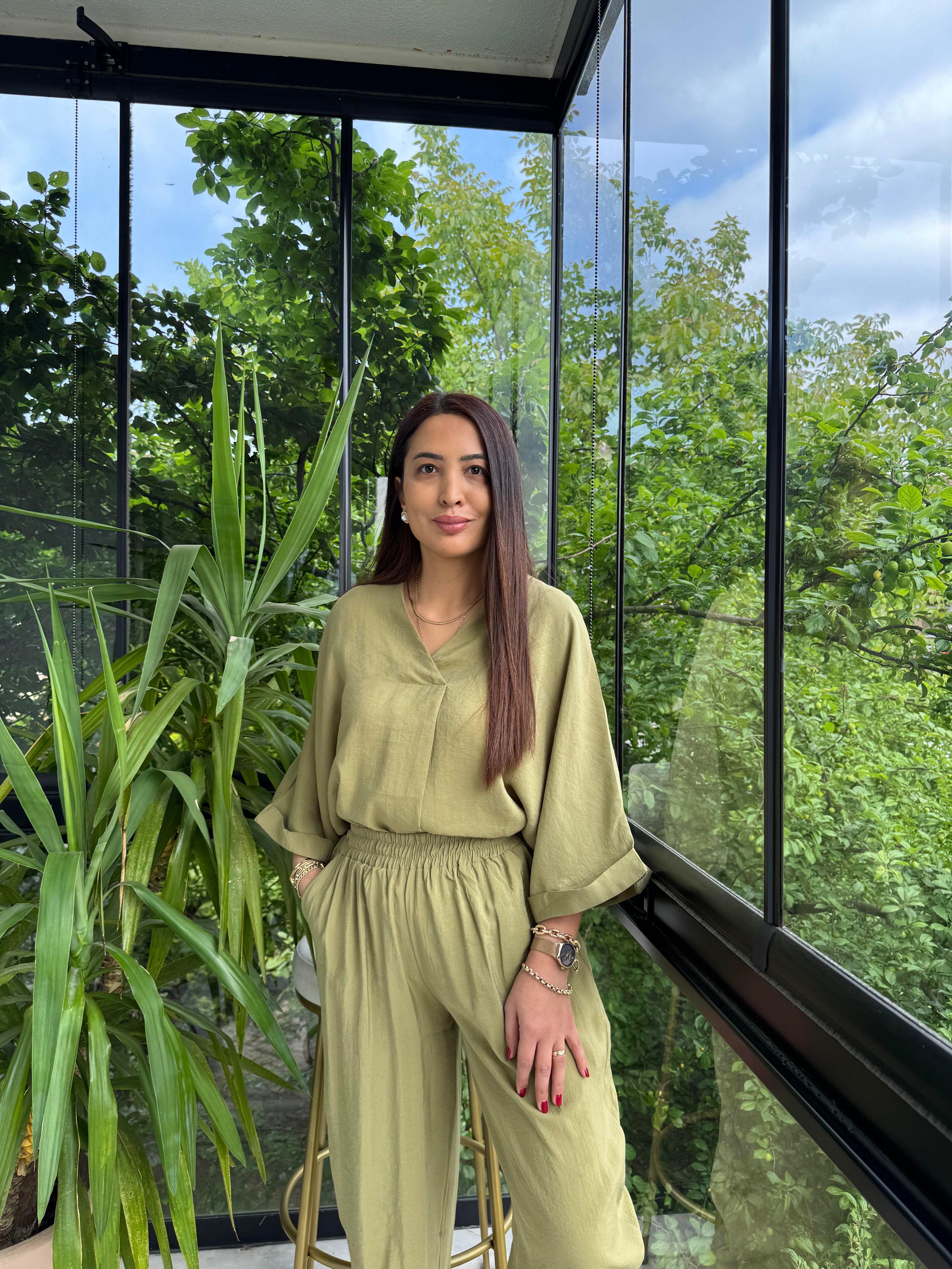 V Yaka Oversize Tensel Takım Yağ Yeşili