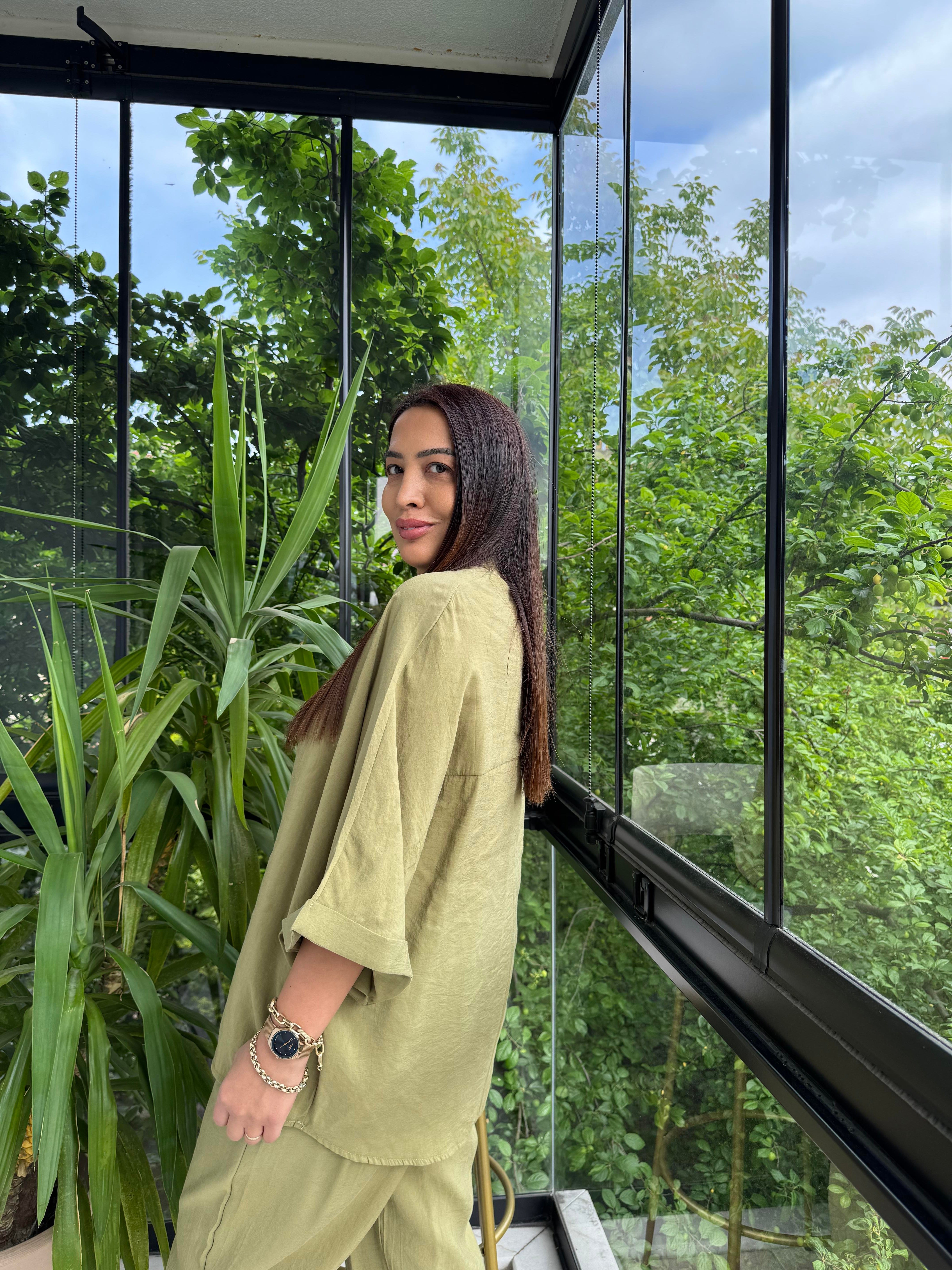 V Yaka Oversize Tensel Takım Yağ Yeşili