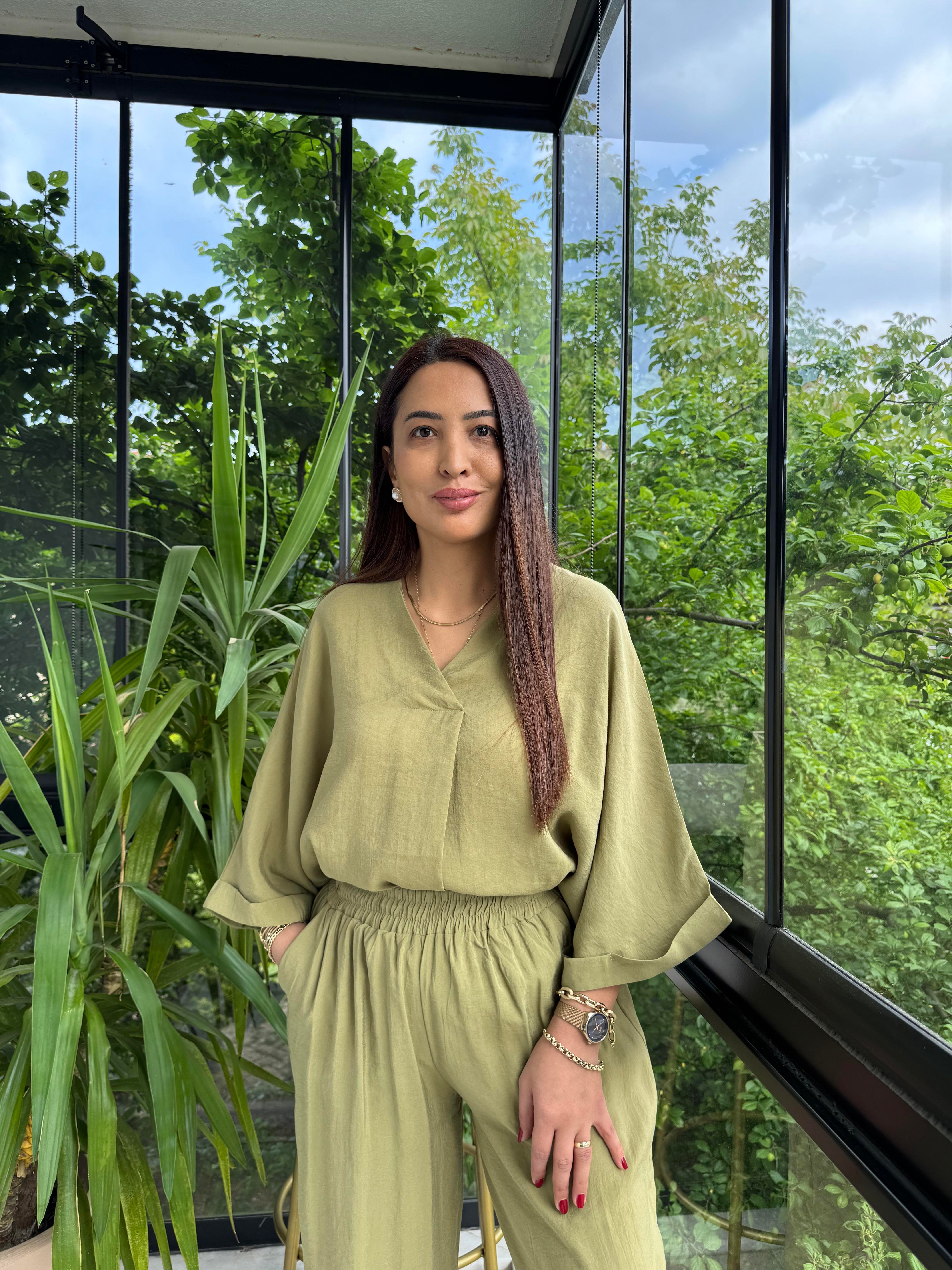 V Yaka Oversize Tensel Takım Yağ Yeşili