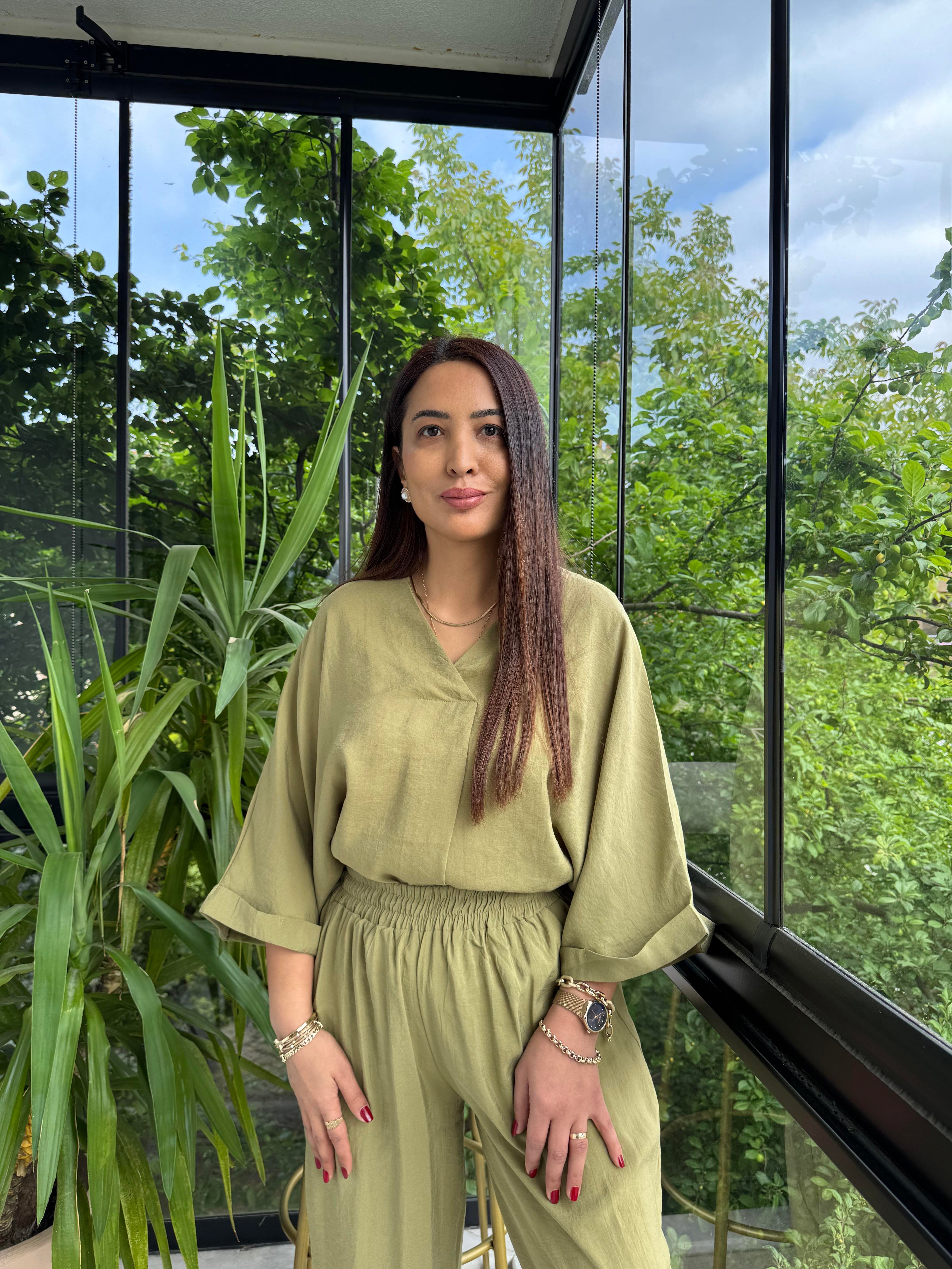 V Yaka Oversize Tensel Takım Yağ Yeşili