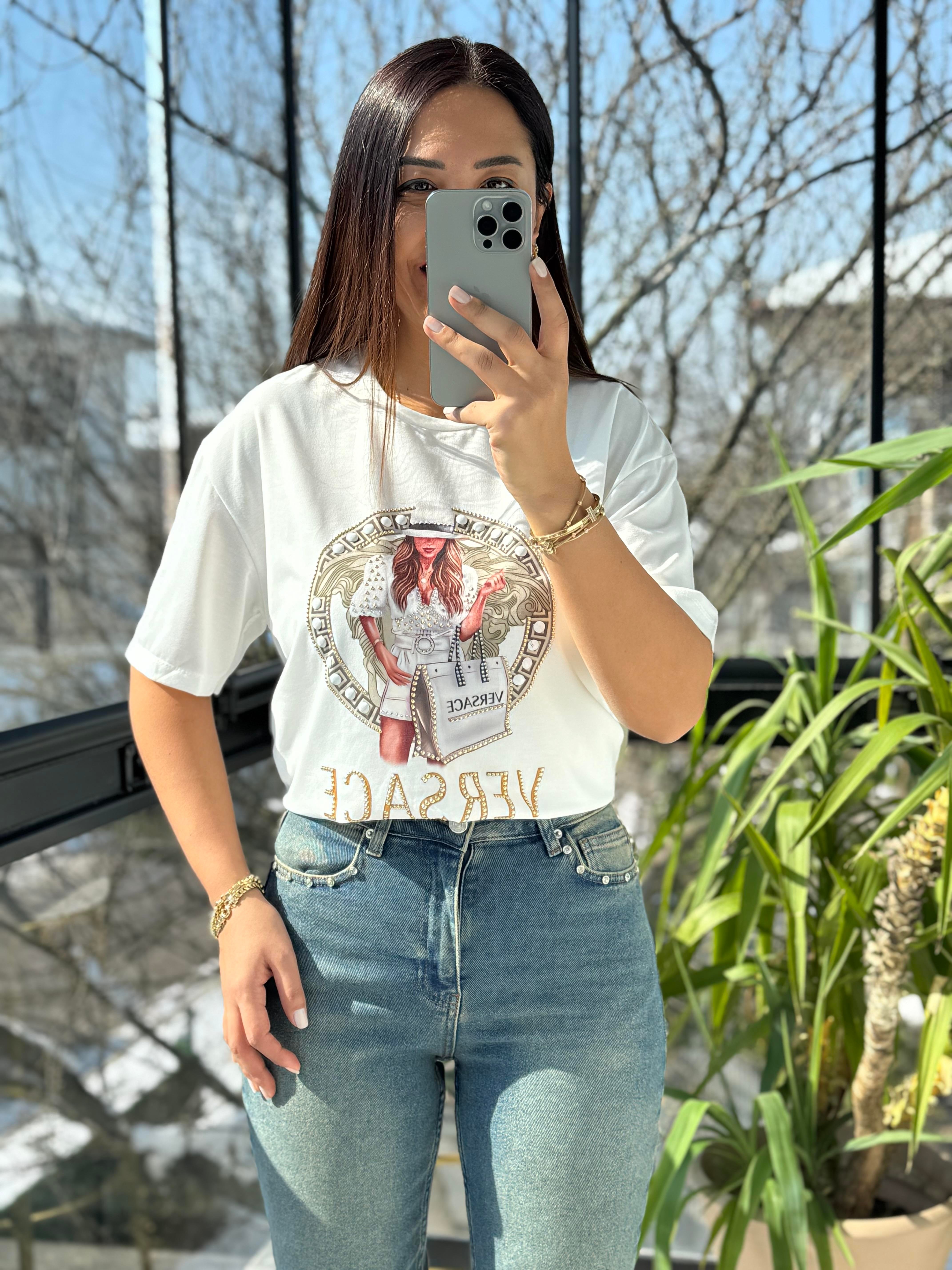 Versage Yazılı Tişört Ekru