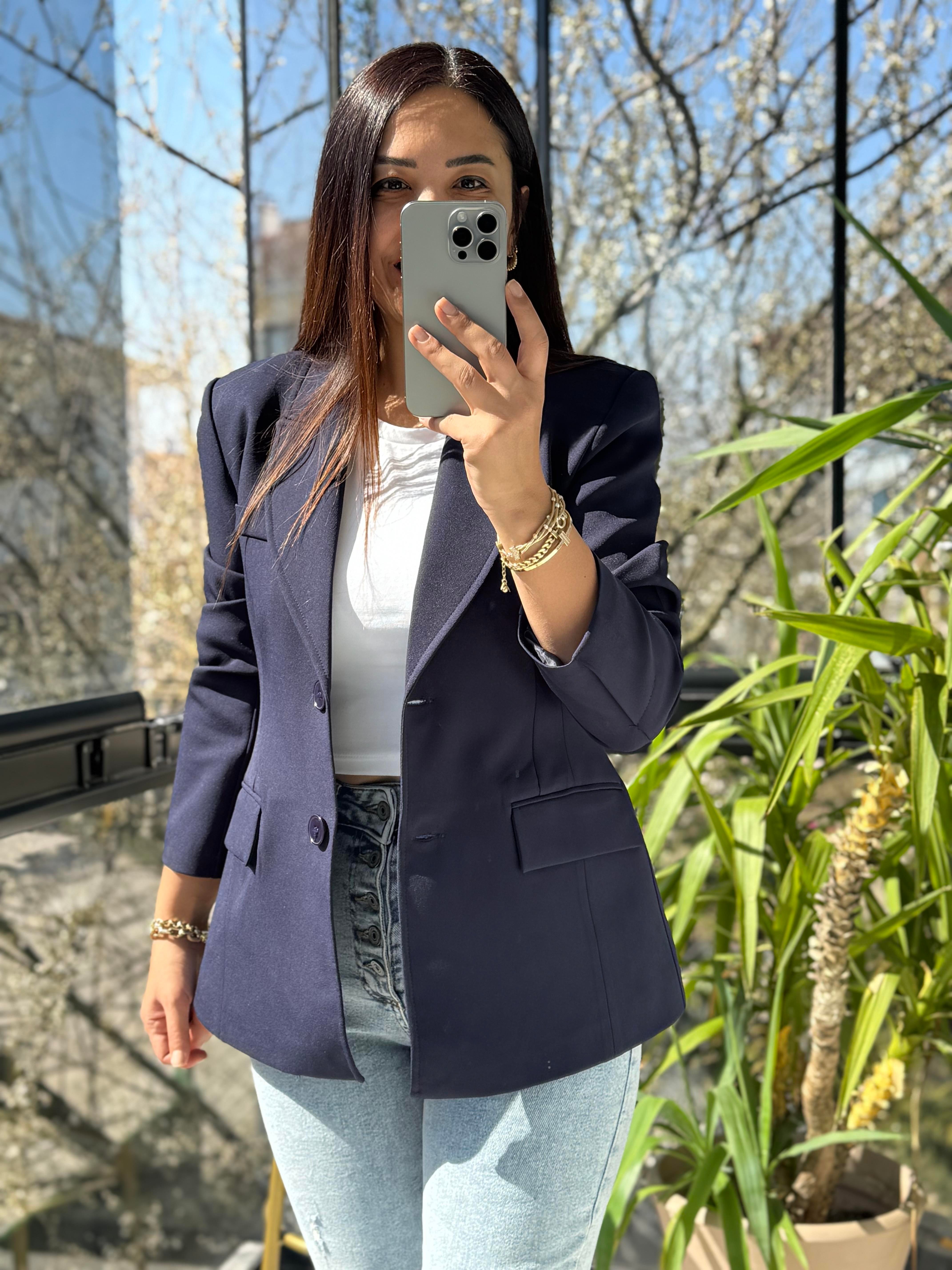 Volanlı İki Düğme Blazer Lacivert