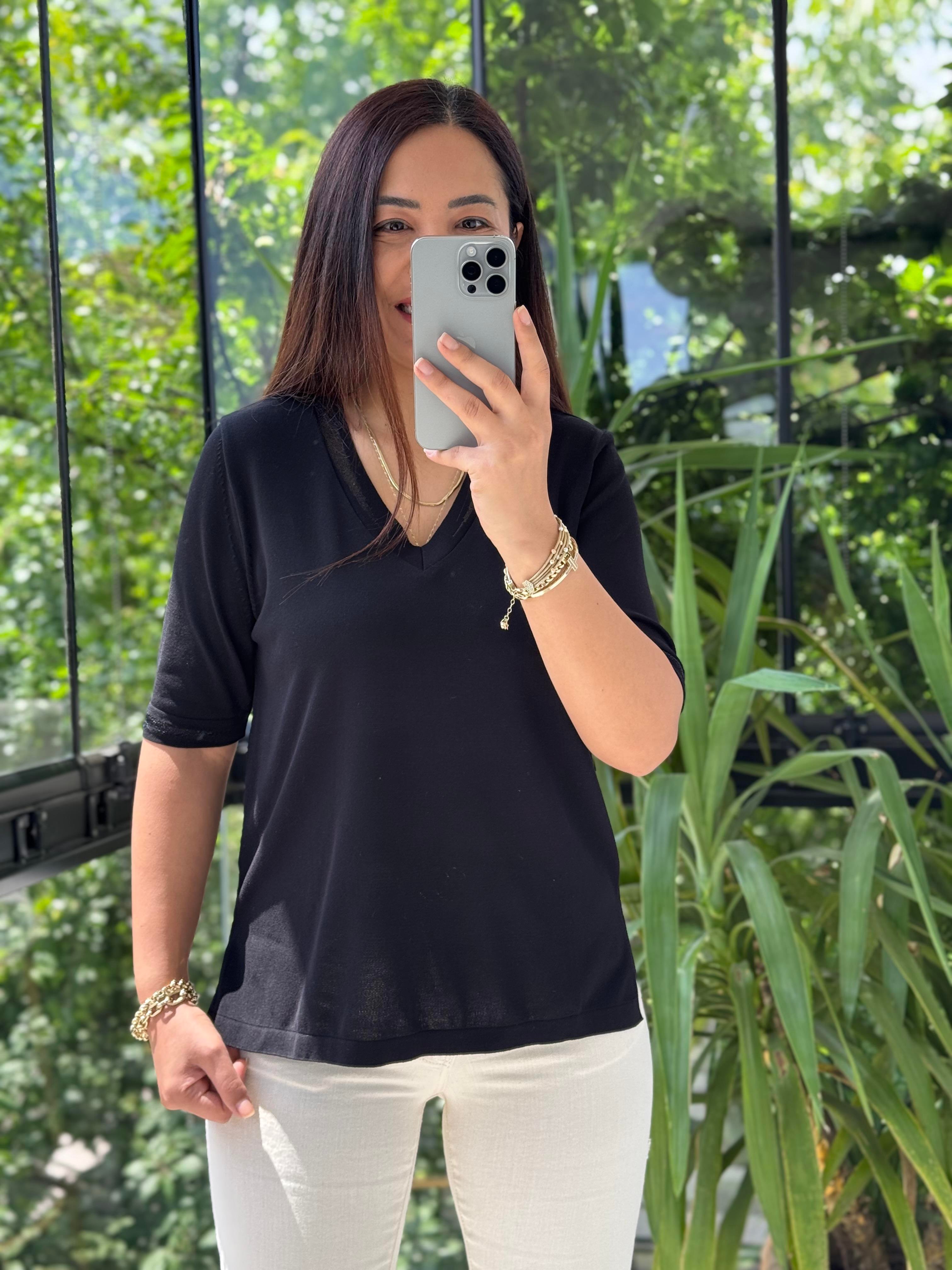 Yaka Ve Kol Özel Aksesuarlı Triko Bluz Siyah