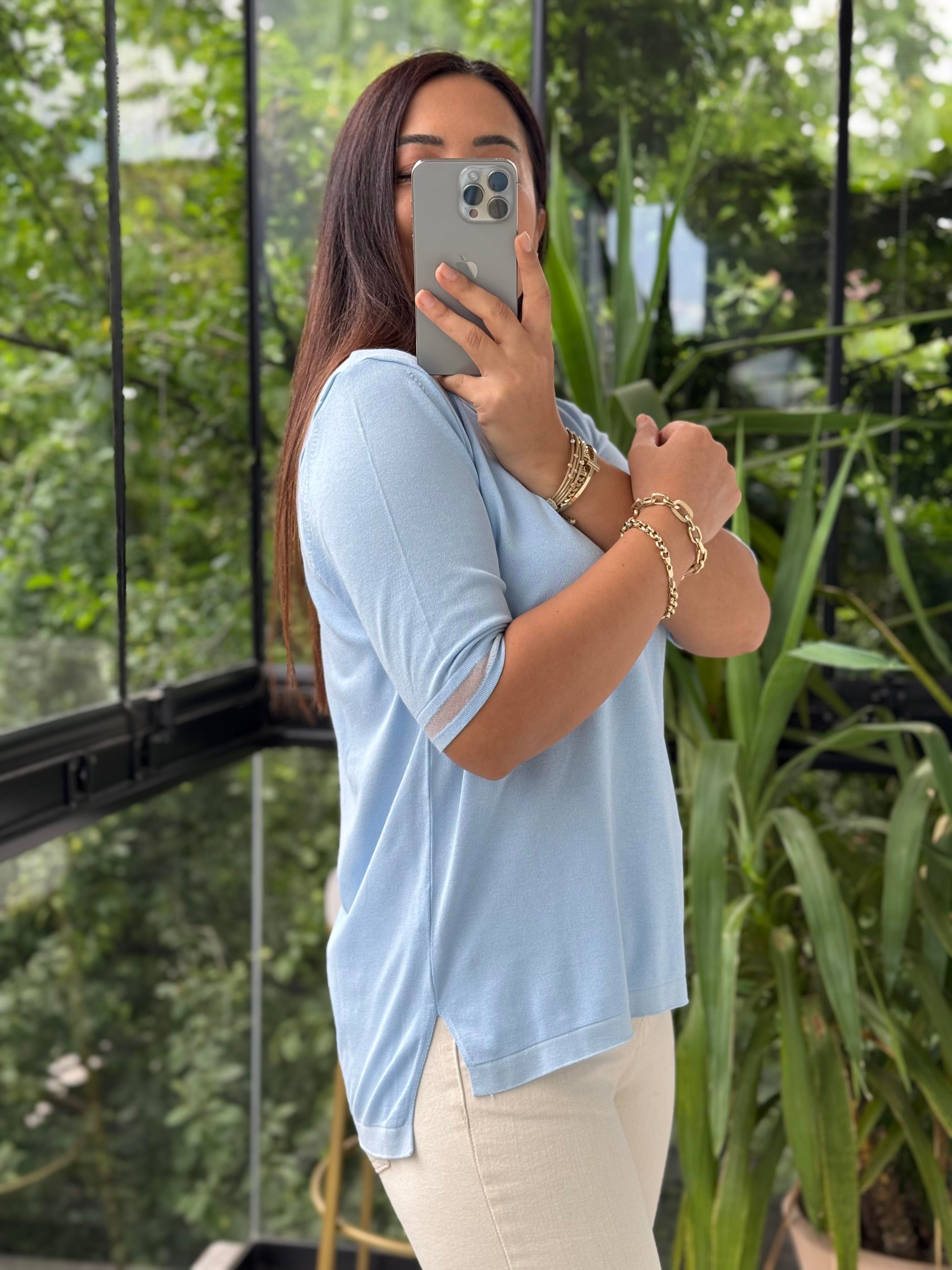 Yaka Ve Kol Özel Aksesuarlı Triko Bluz Bebe Mavi