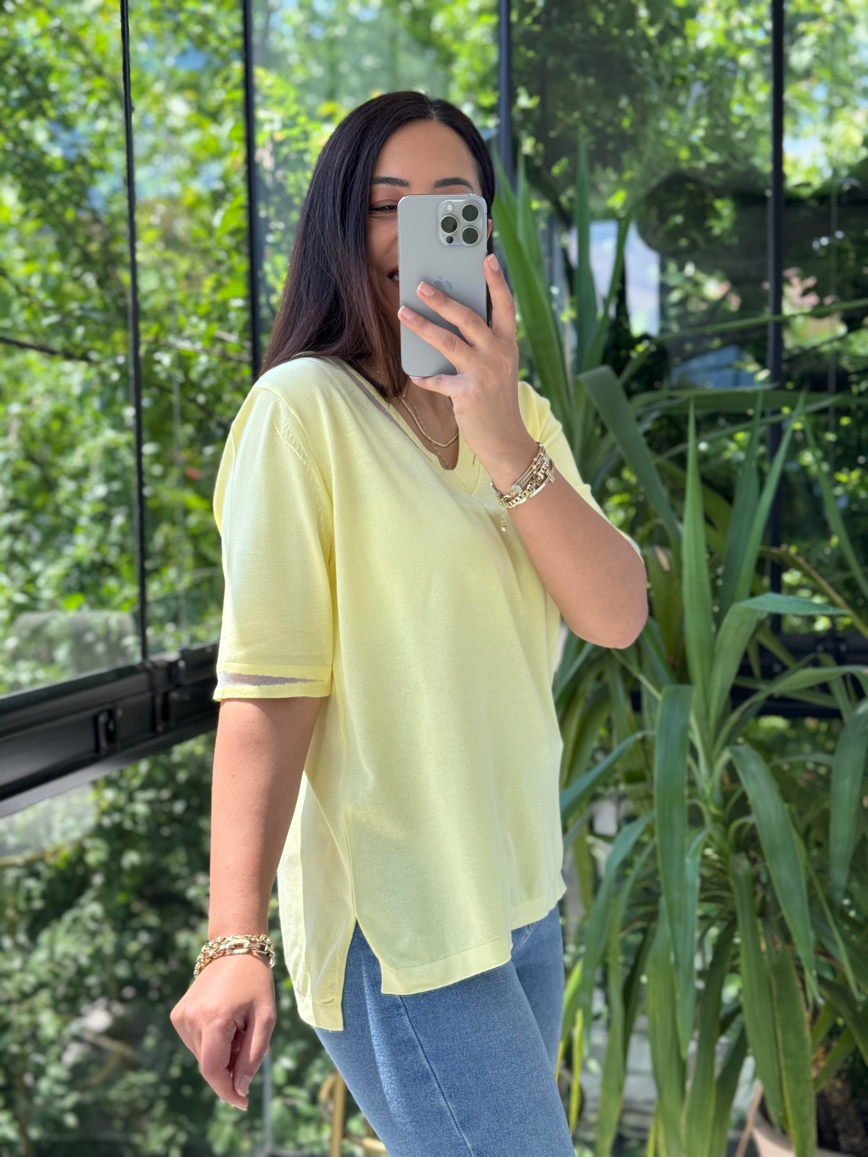 Yaka Ve Kol Özel Aksesuarlı Triko Bluz Sarı