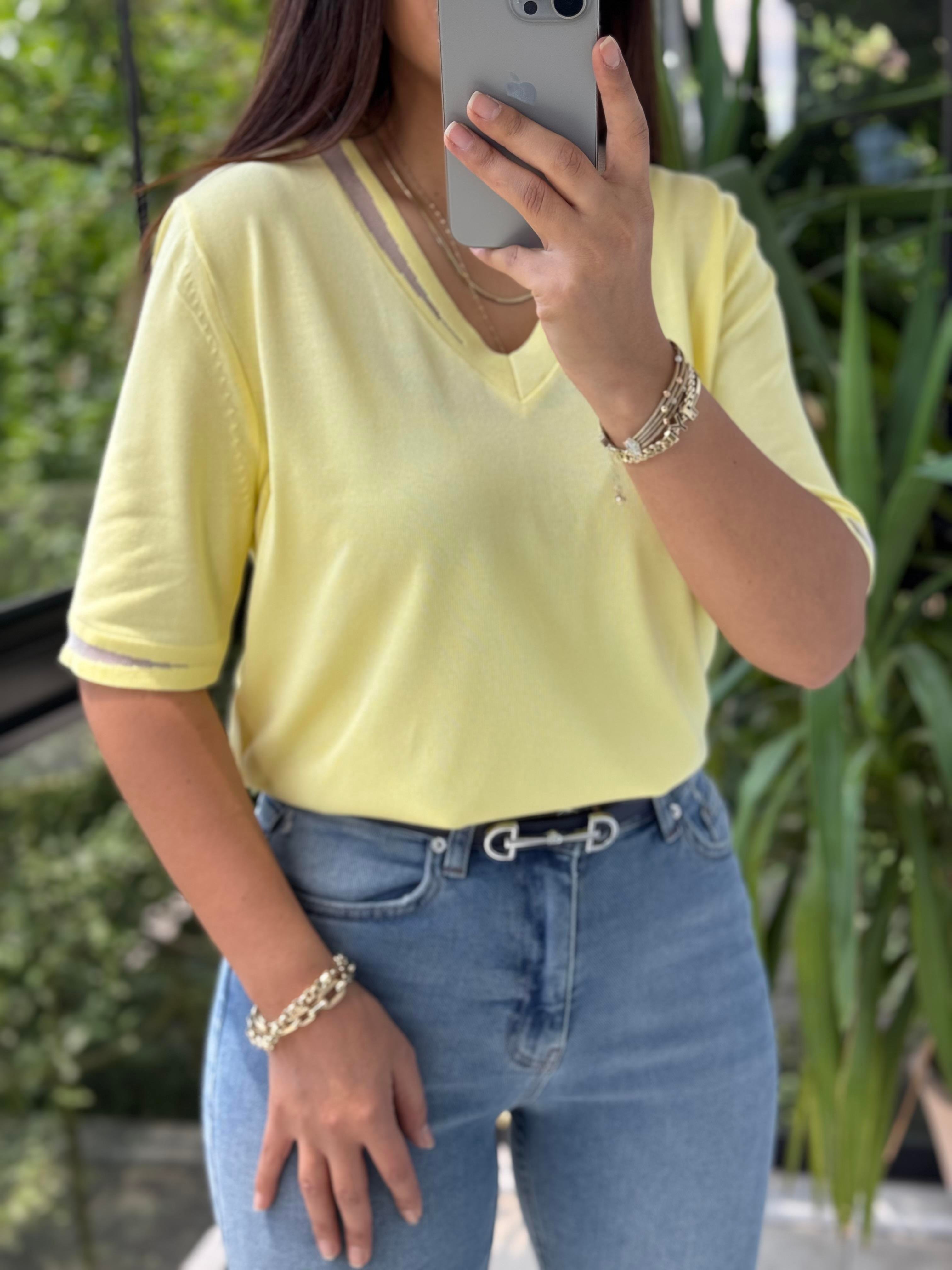 Yaka Ve Kol Özel Aksesuarlı Triko Bluz Sarı