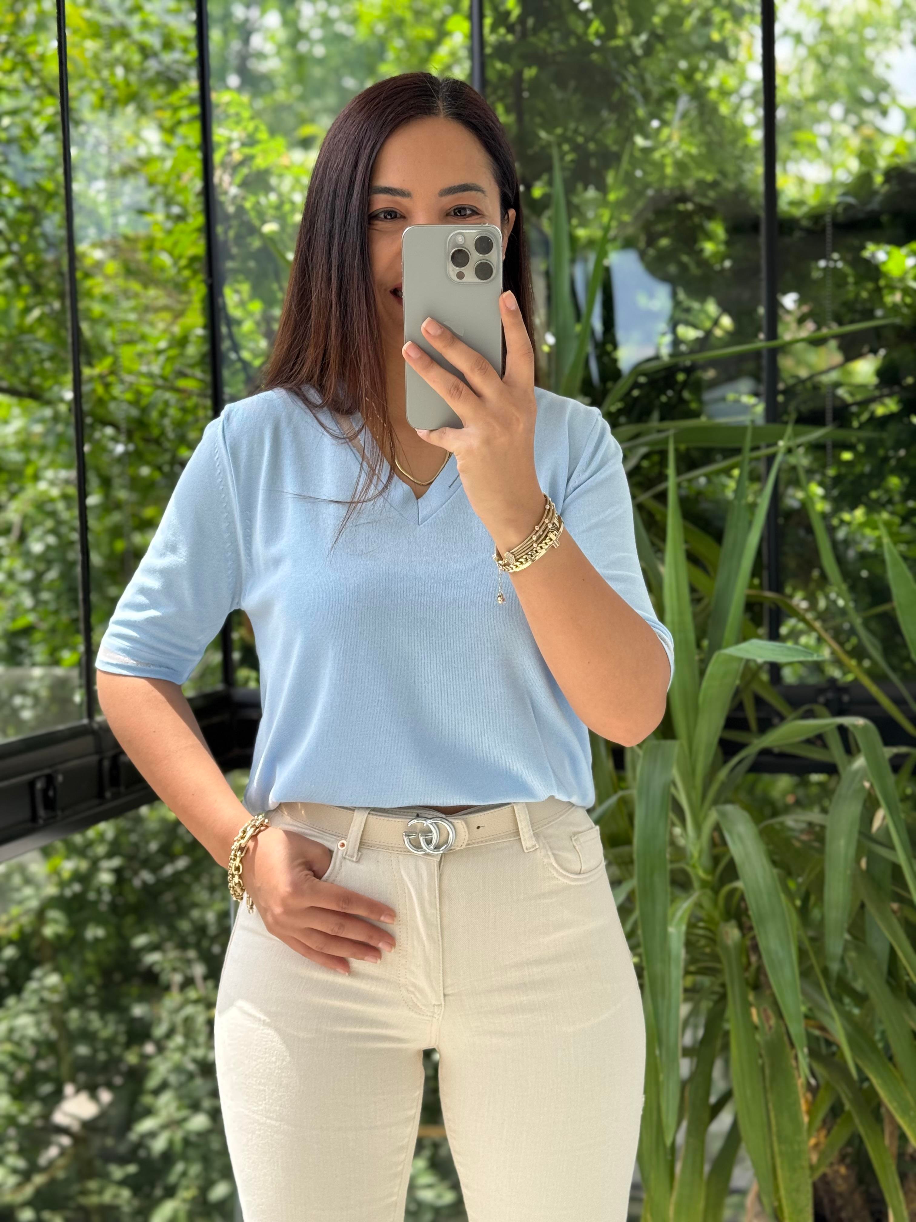 Yaka Ve Kol Özel Aksesuarlı Triko Bluz Bebe Mavi