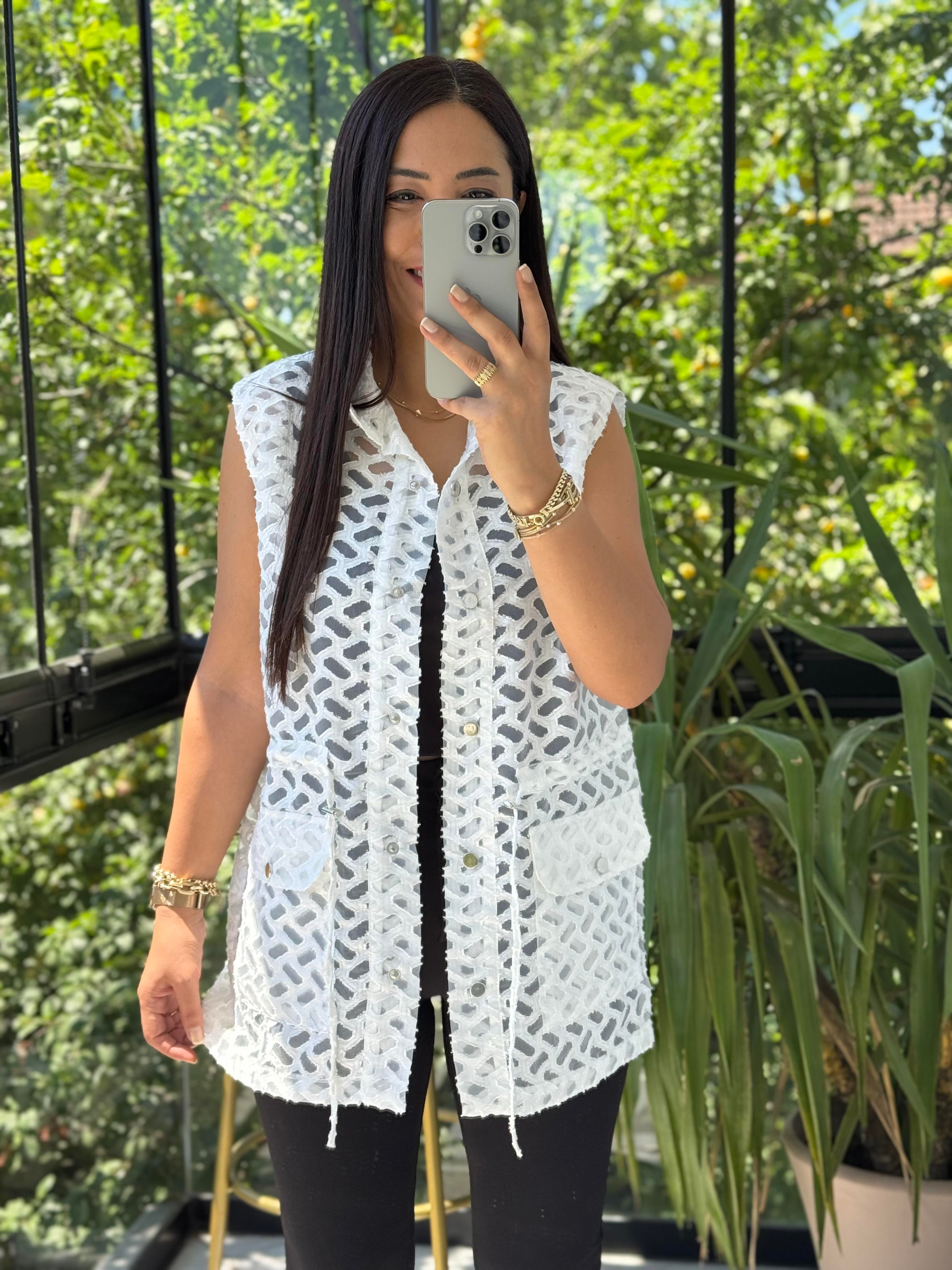 Yakma Bağlamalı Yelek Beyaz