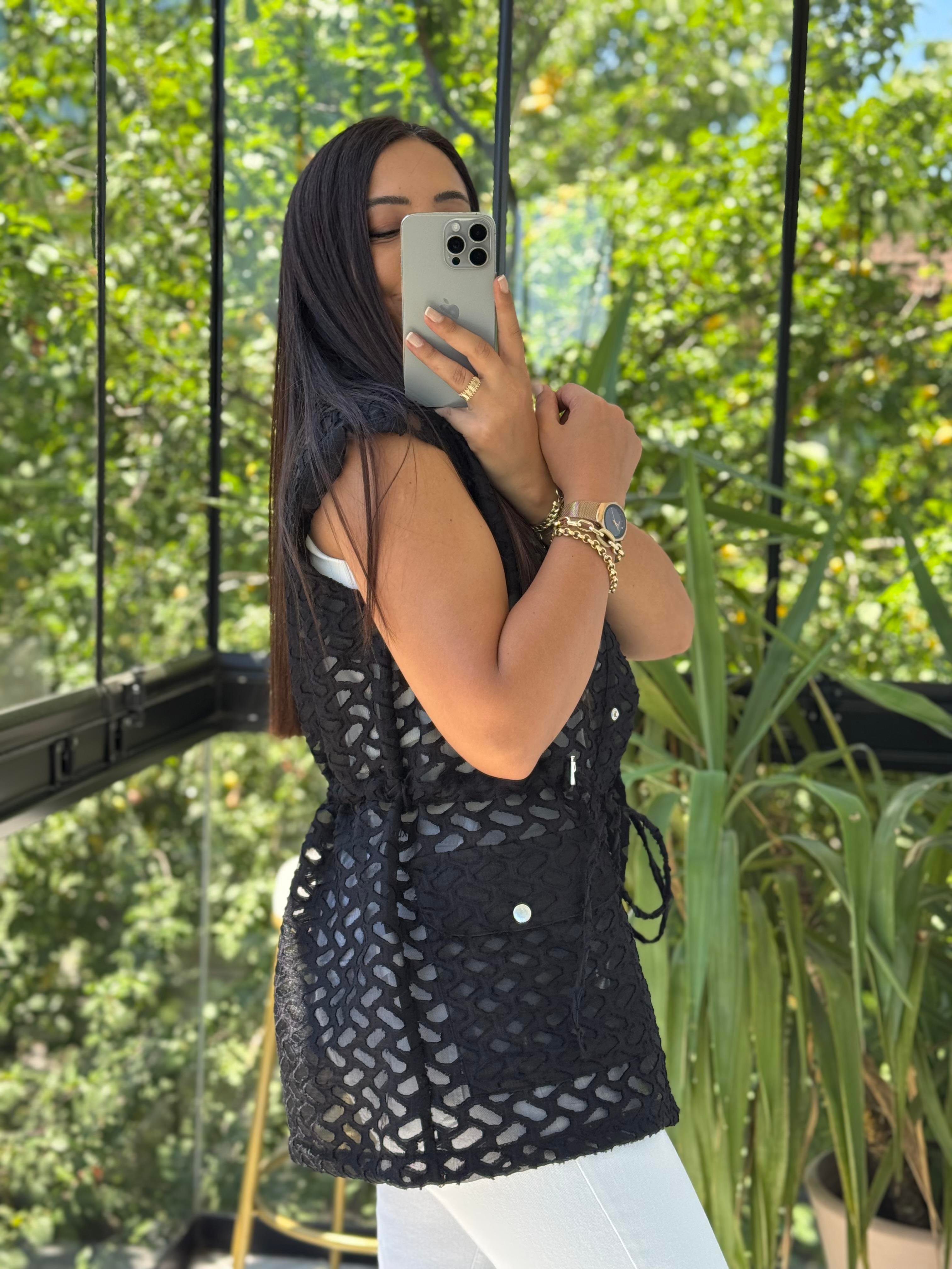 Yakma Bağlamalı Yelek Siyah