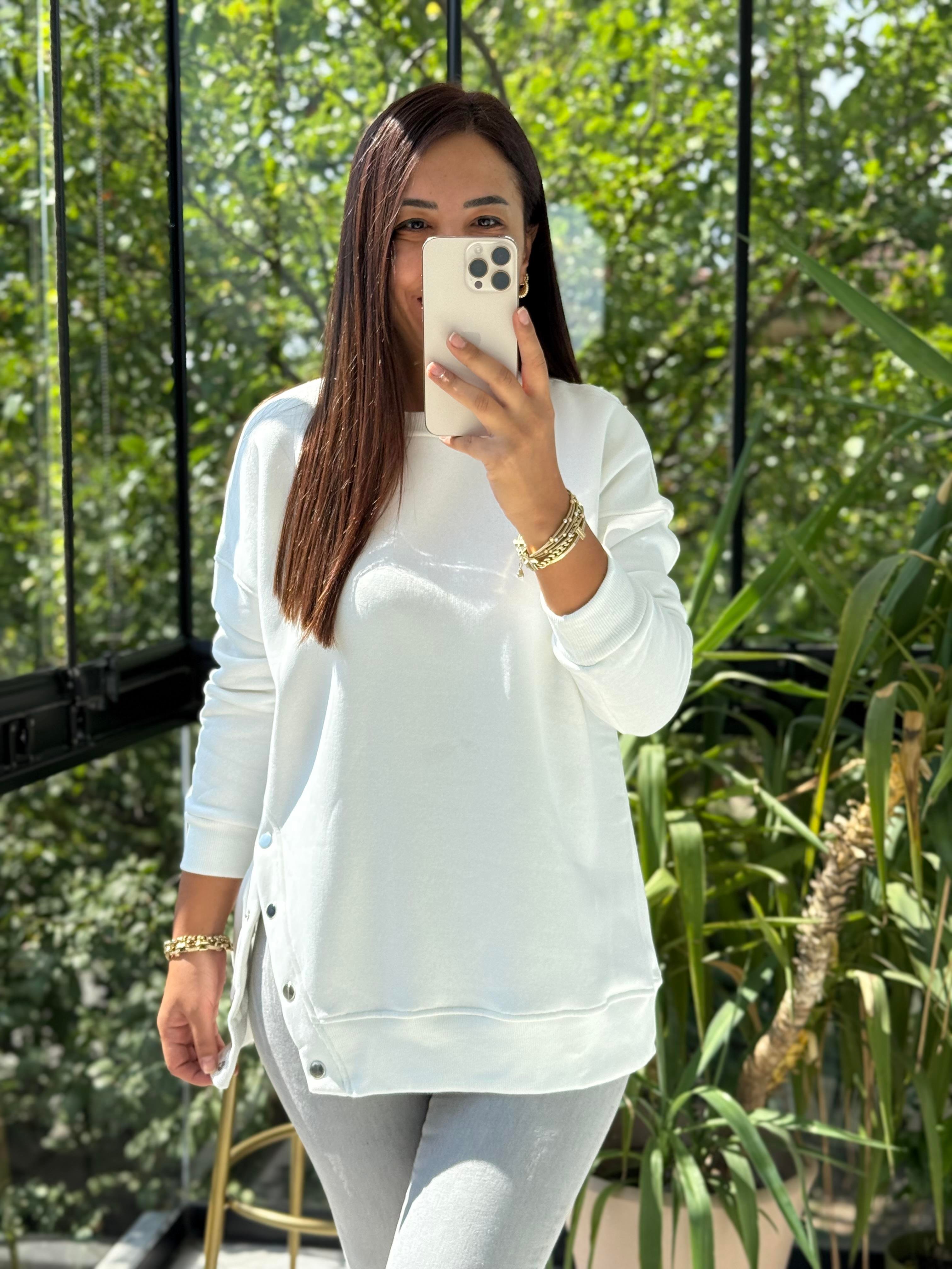 Yanı Çıtçıtlı Sweatshirt Beyaz 