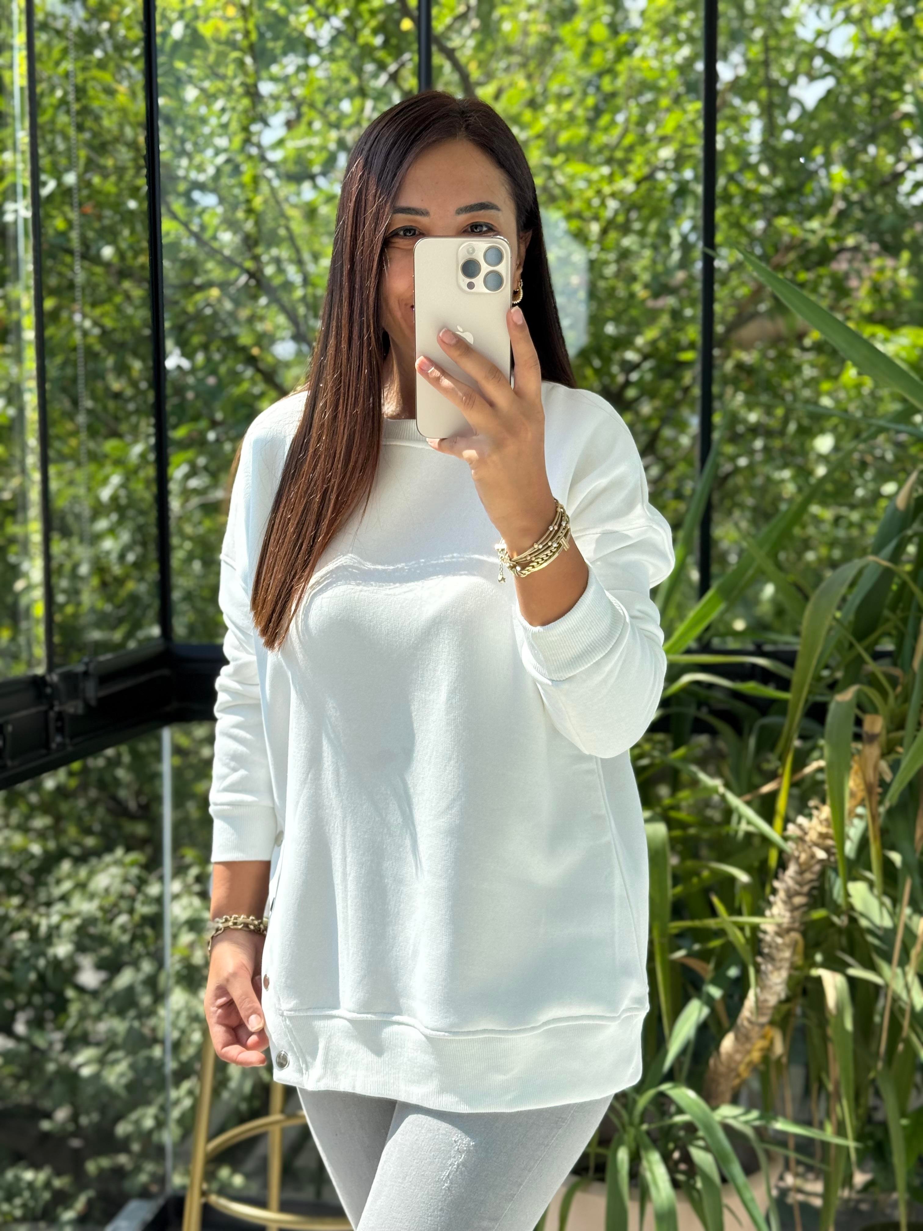 Yanı Çıtçıtlı Sweatshirt Beyaz 