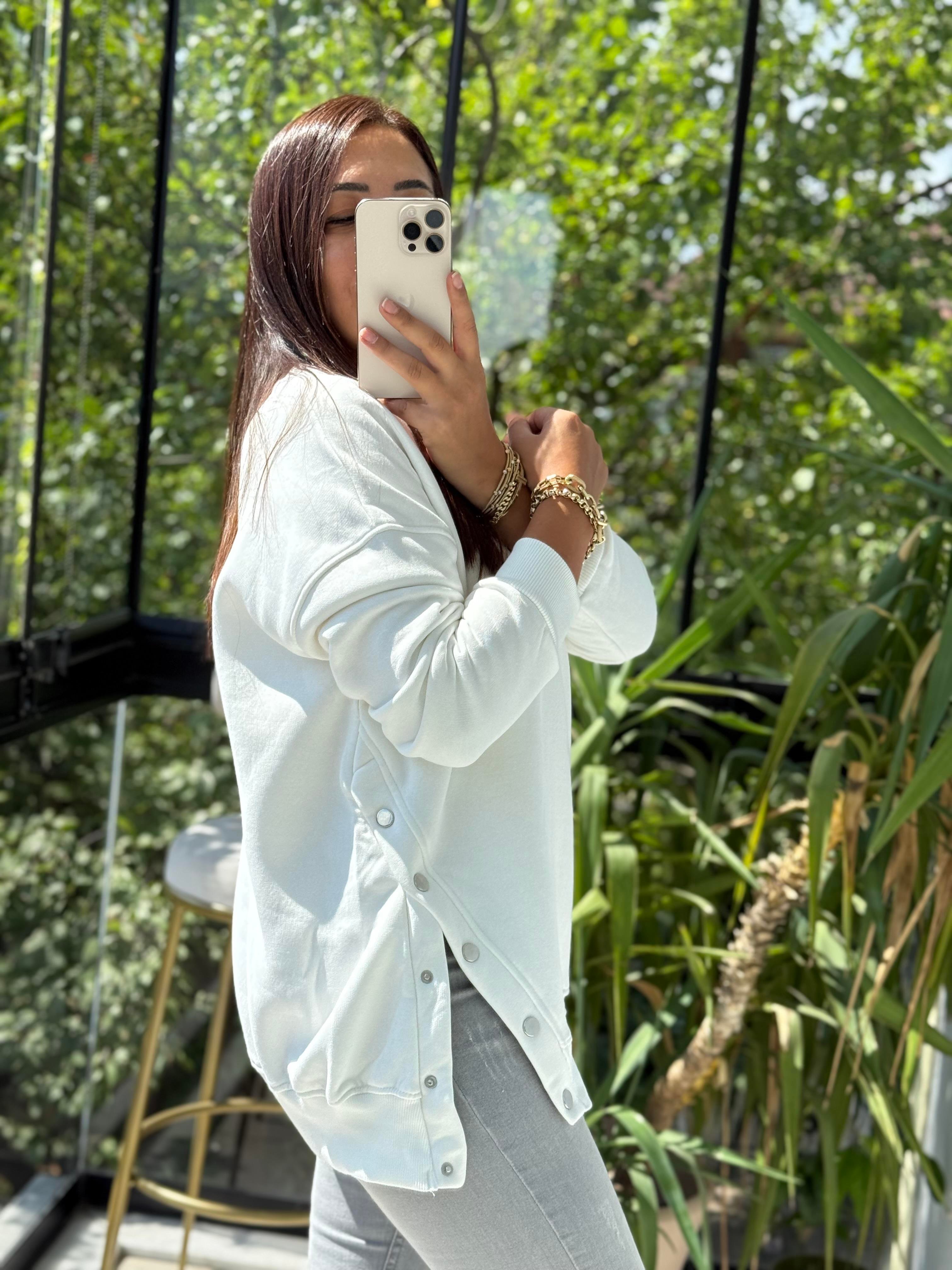 Yanı Çıtçıtlı Sweatshirt Beyaz 