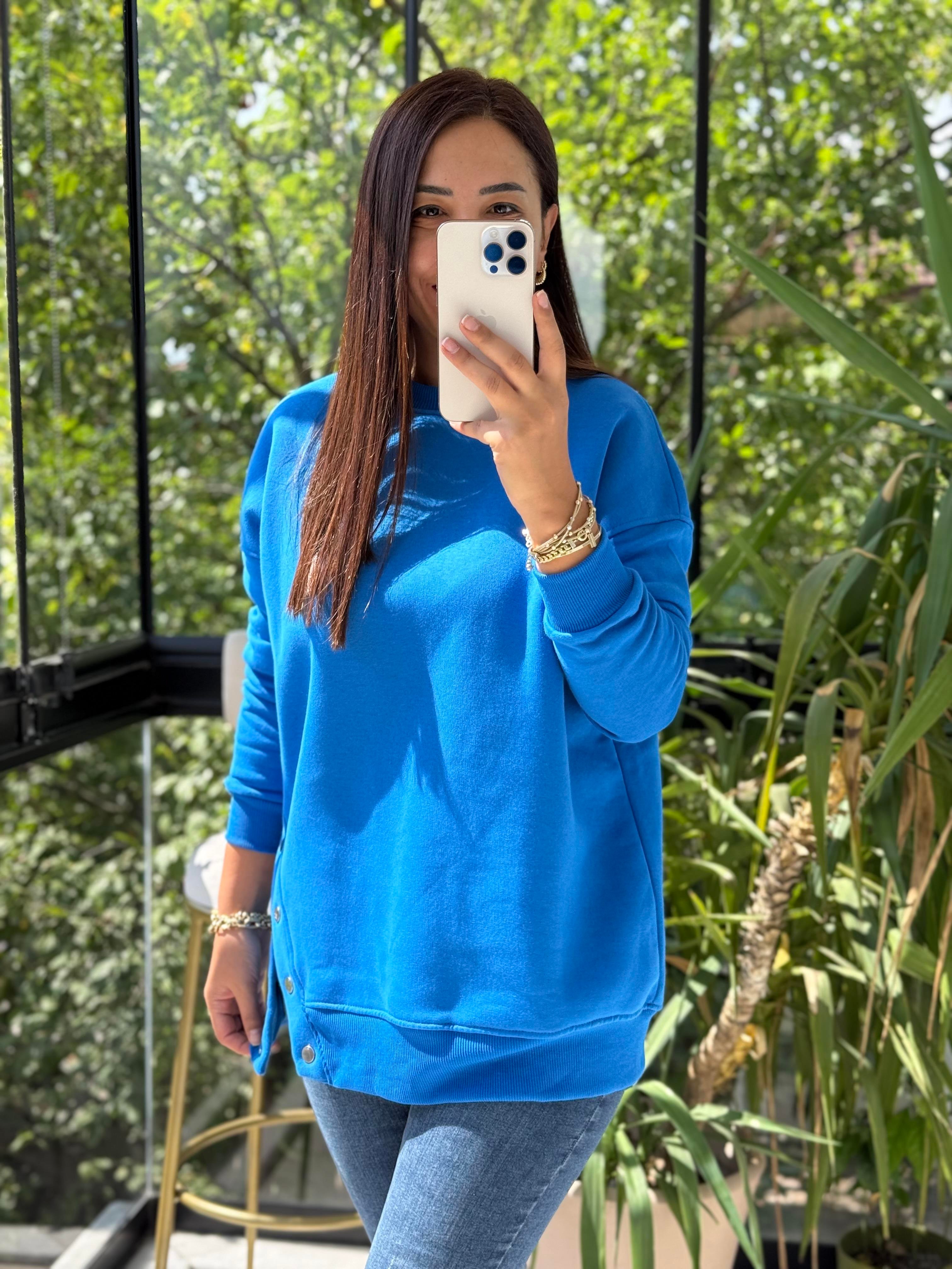 Yanı Çıtçıtlı Sweatshirt Sax Mavi