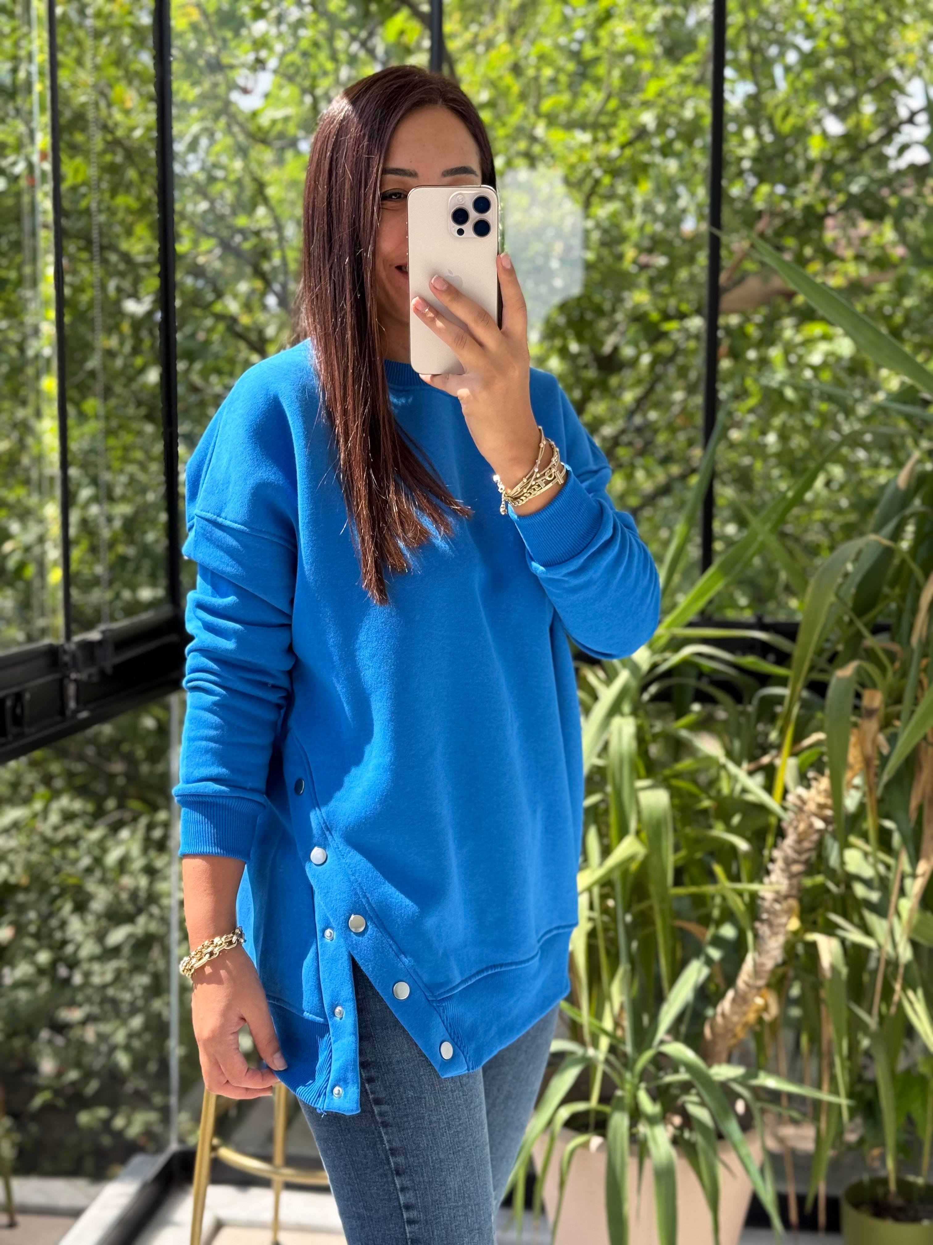 Yanı Çıtçıtlı Sweatshirt Sax Mavi