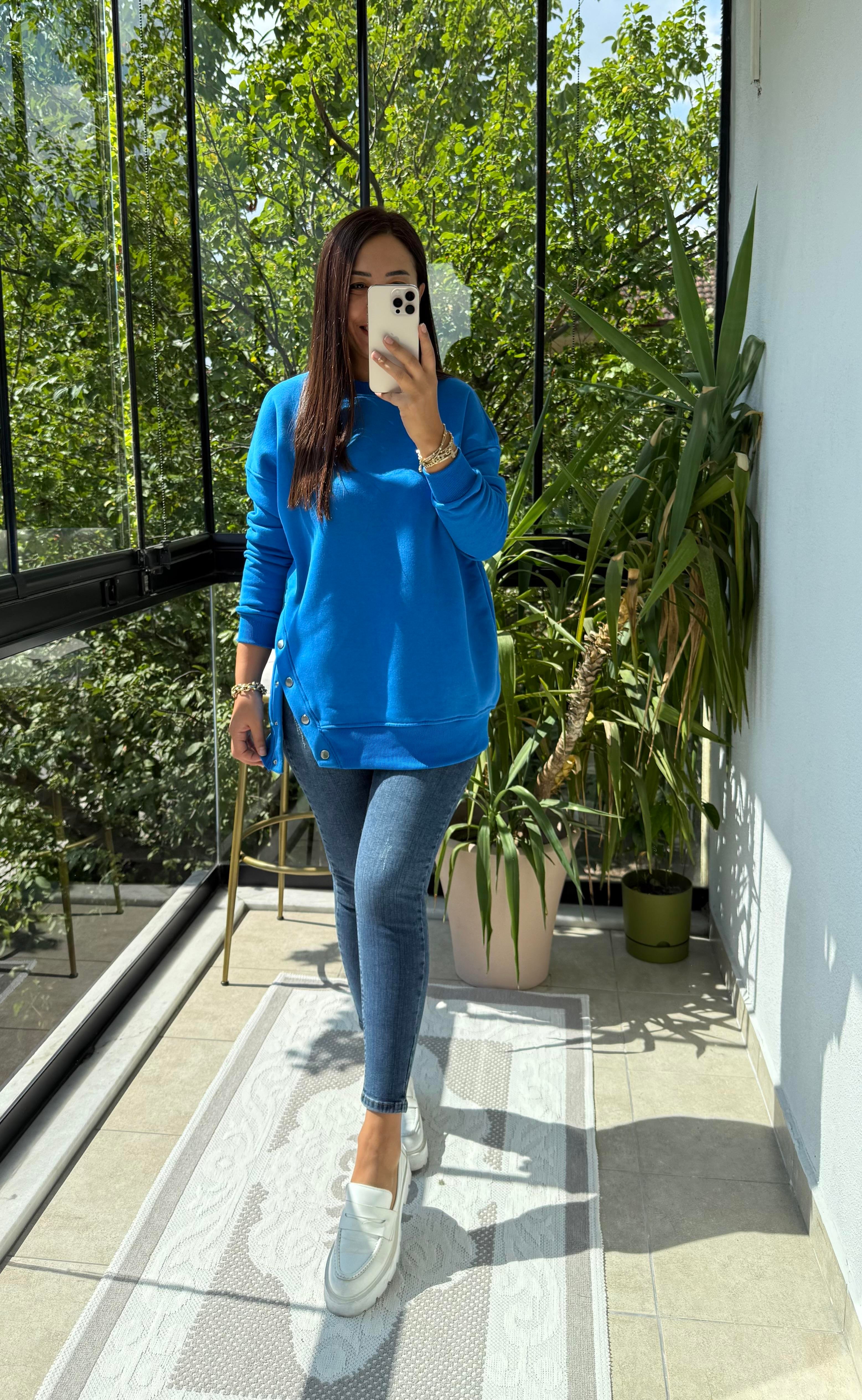 Yanı Çıtçıtlı Sweatshirt Sax Mavi