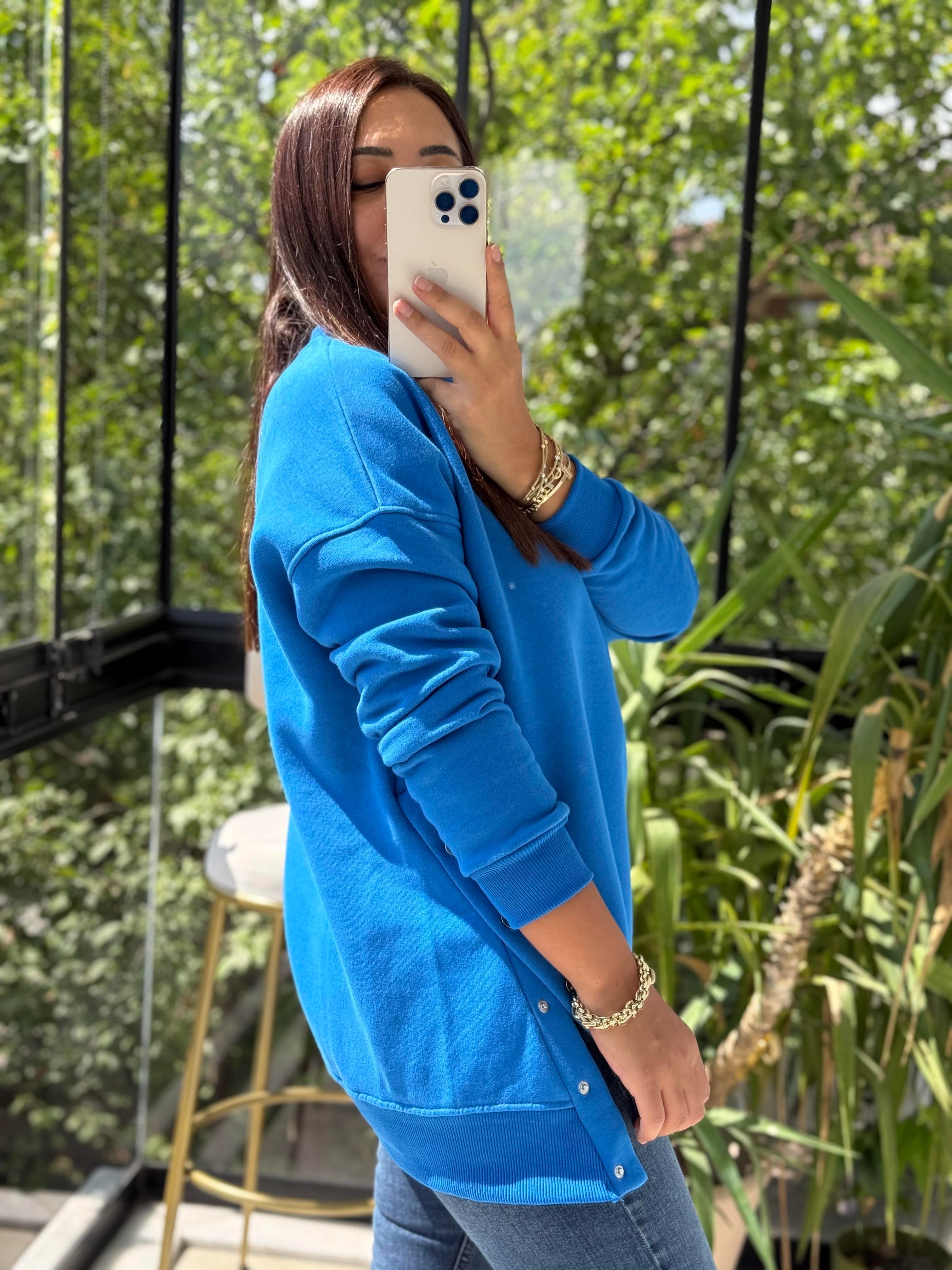 Yanı Çıtçıtlı Sweatshirt Sax Mavi