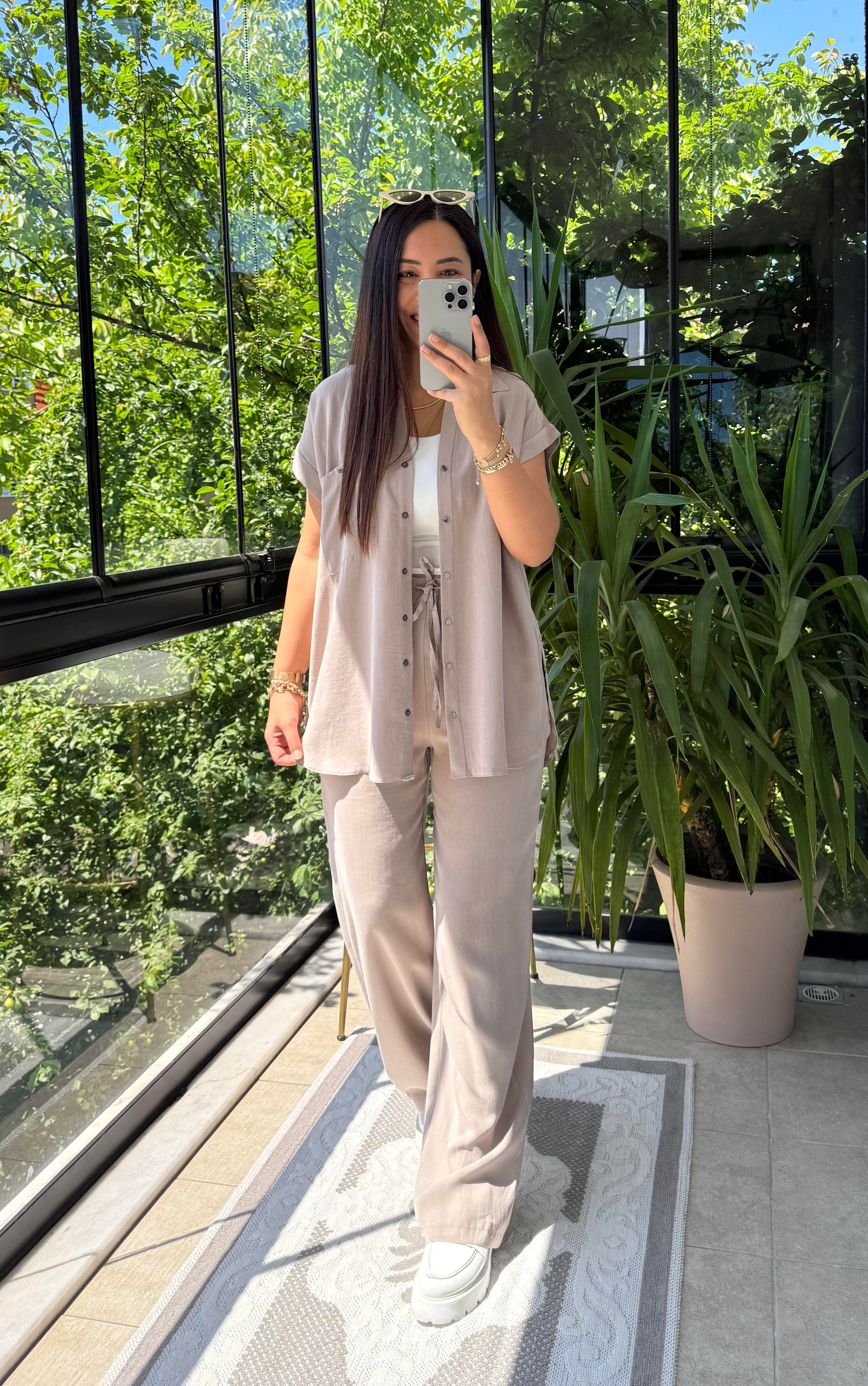 Yanları Çıtçıtlı Tensel Takım Bej