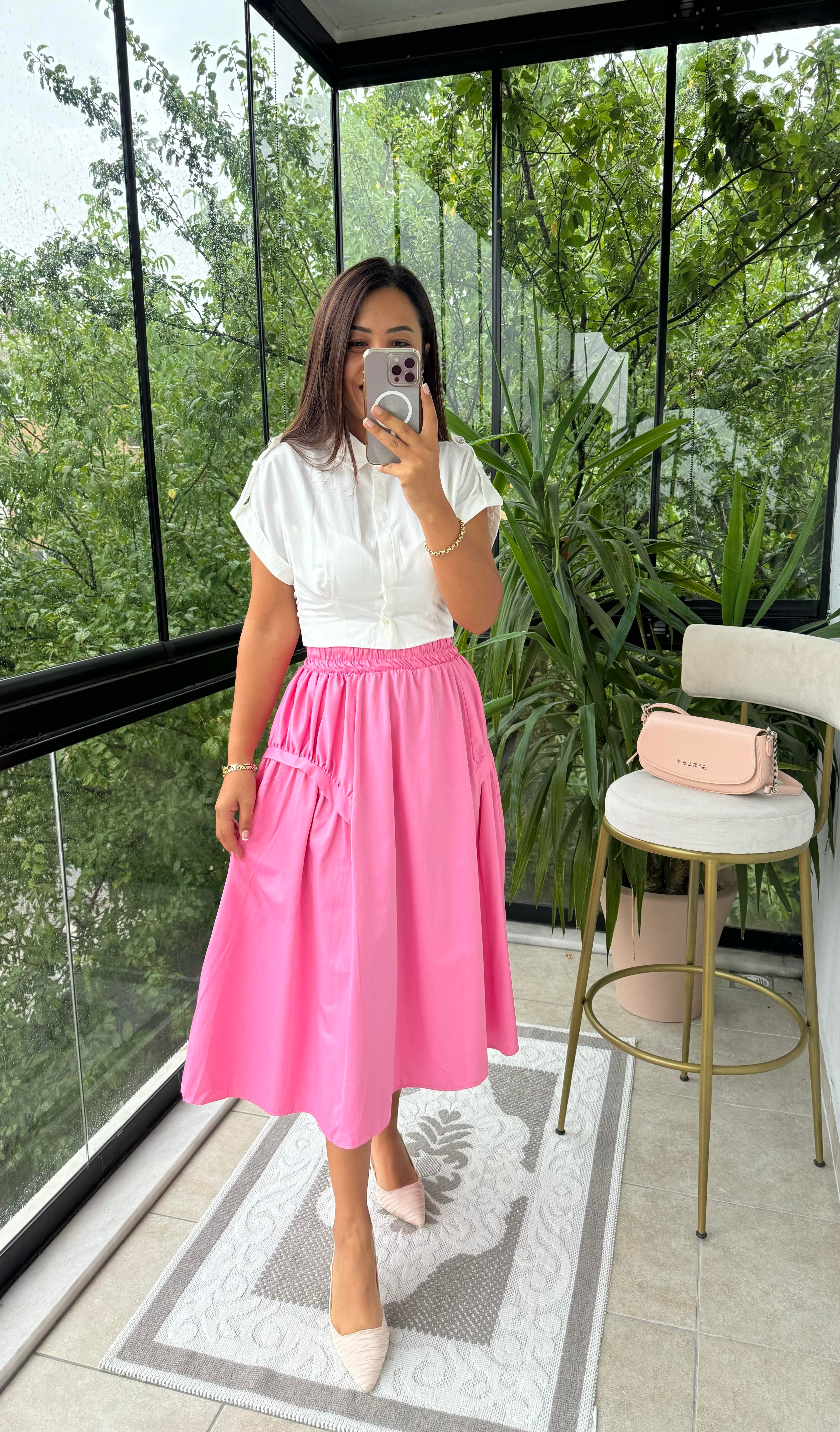 Yanları Detaylı Etek Pembe