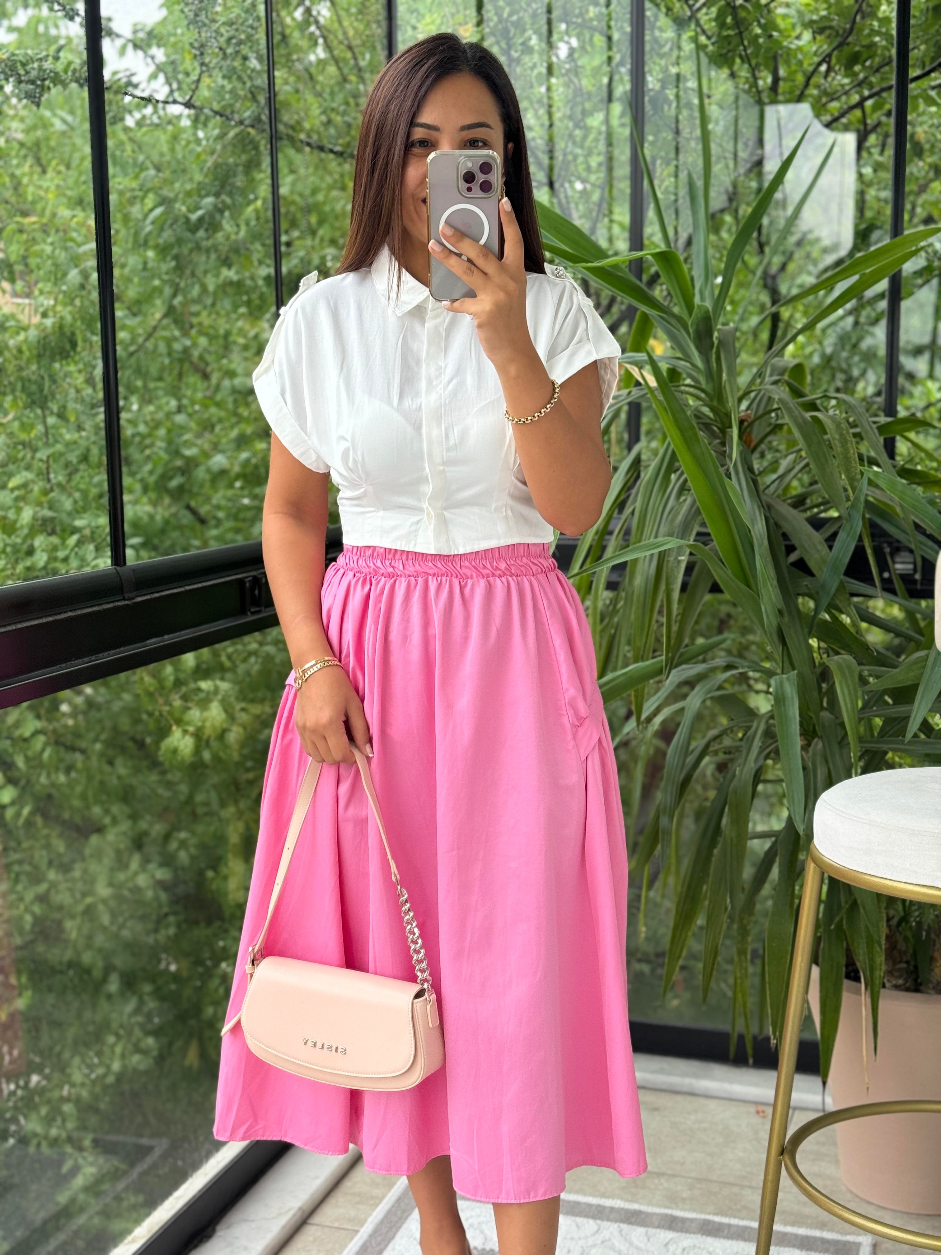 Yanları Detaylı Etek Pembe