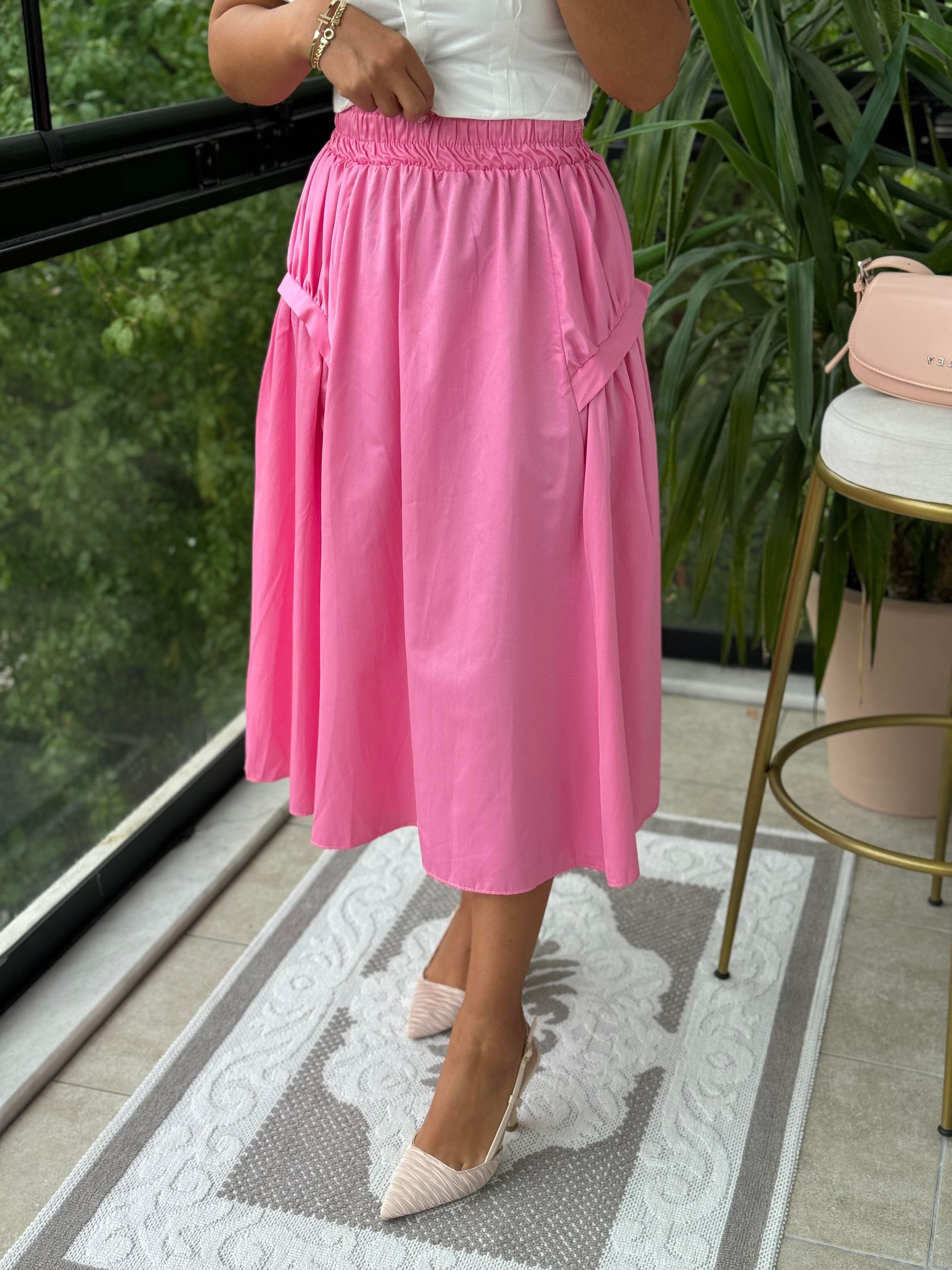 Yanları Detaylı Etek Pembe