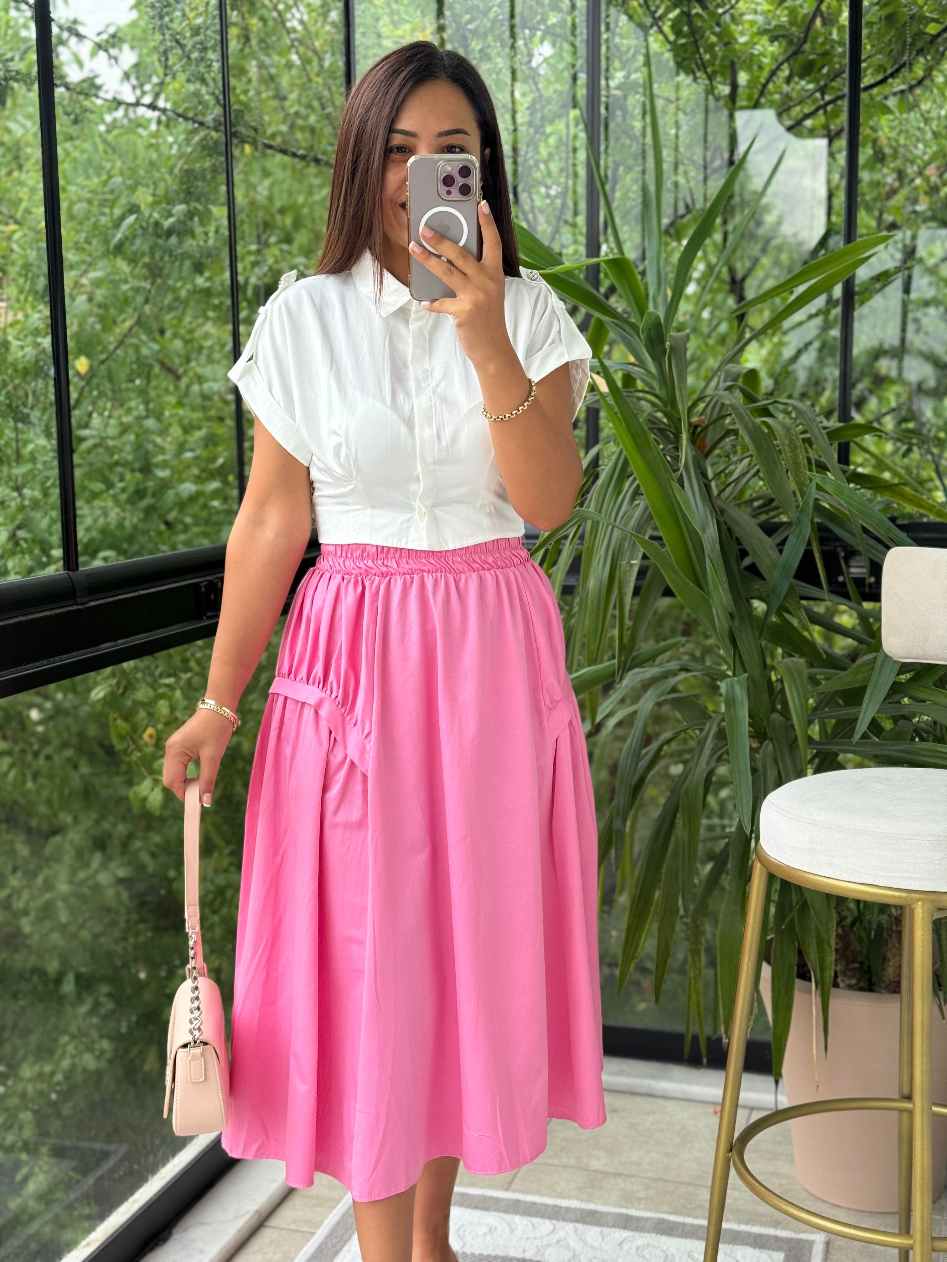 Yanları Detaylı Etek Pembe