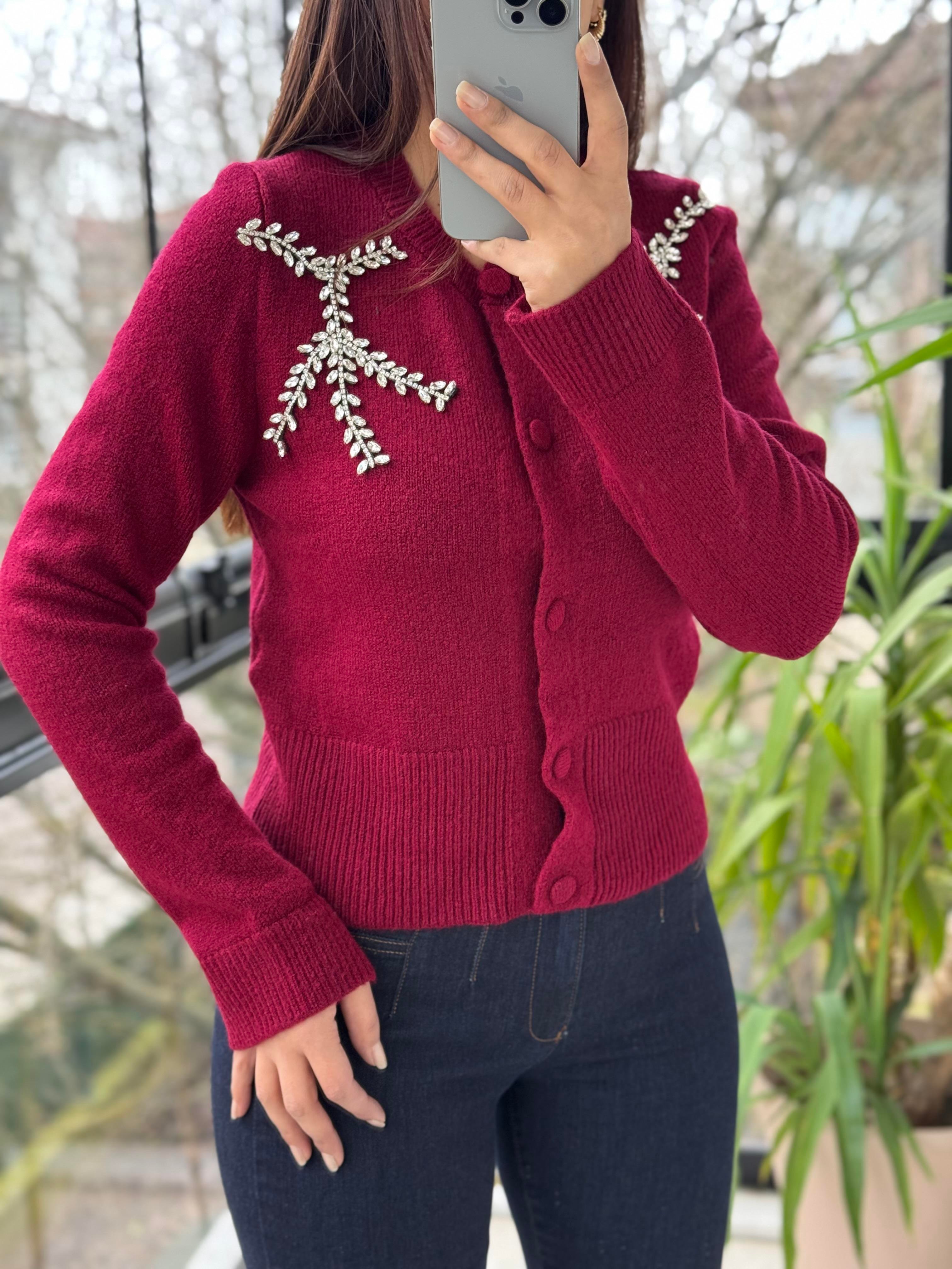 Yaprak Taşlı Hırka Bordo