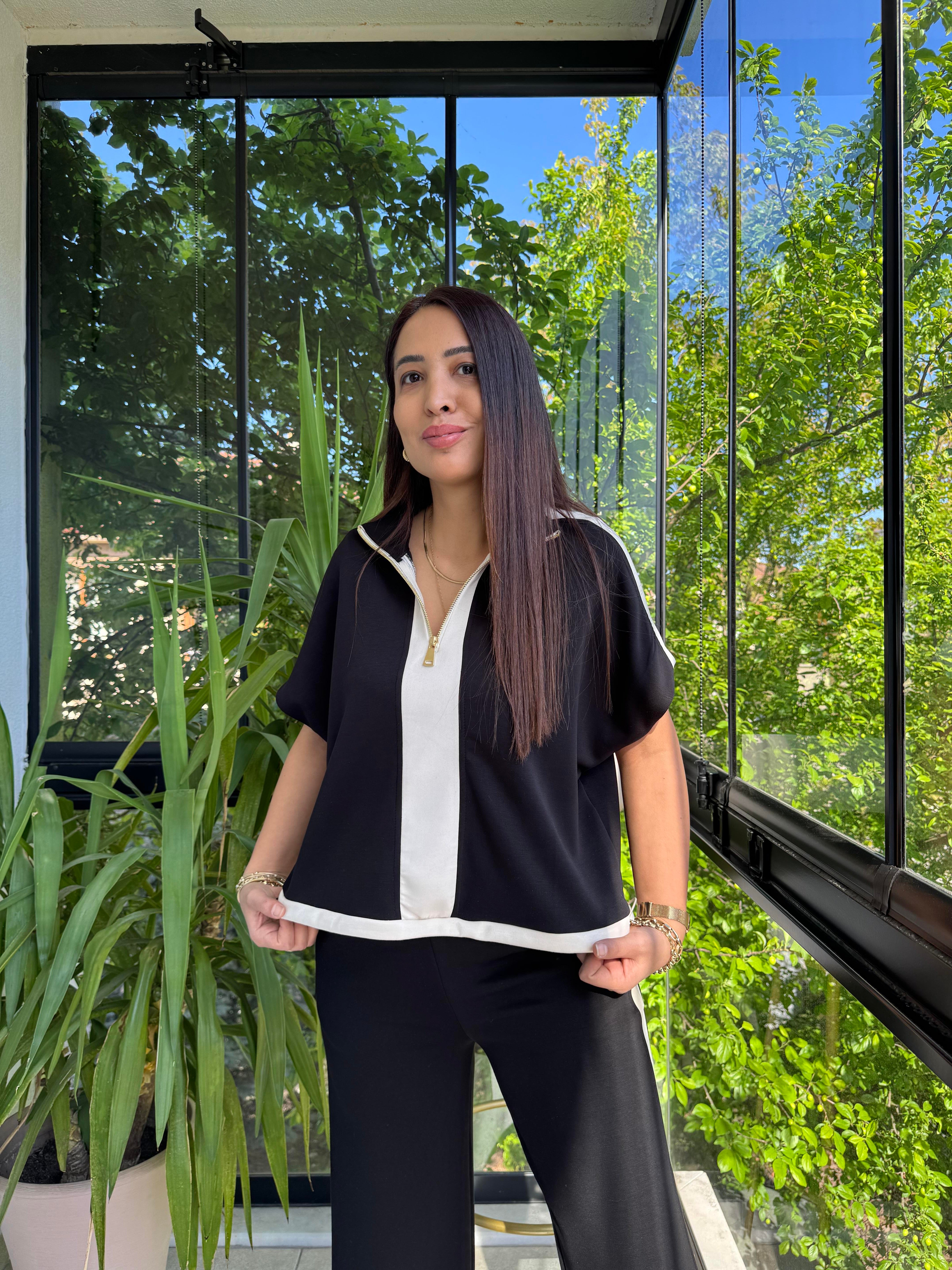 Yarım Fermuarlı Garnili Takım Siyah