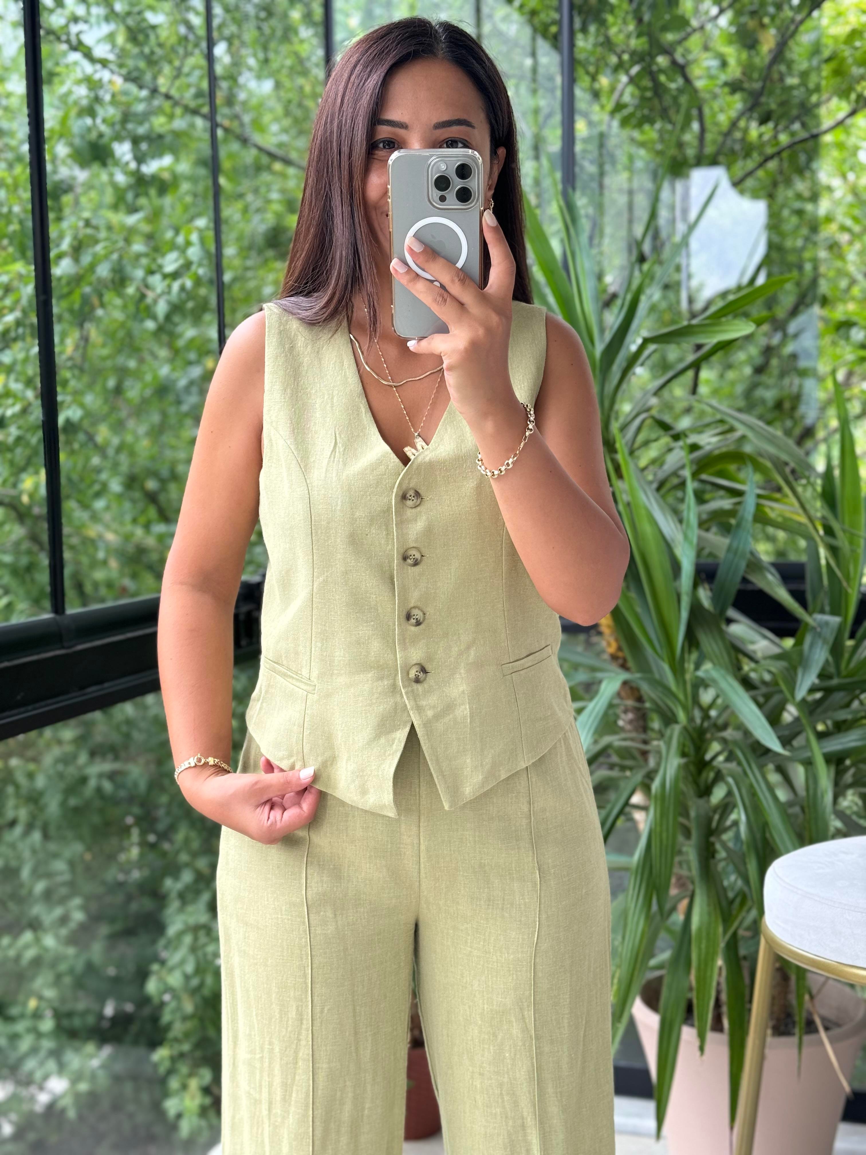 Yelekli Keten Takım Haki Yeşili