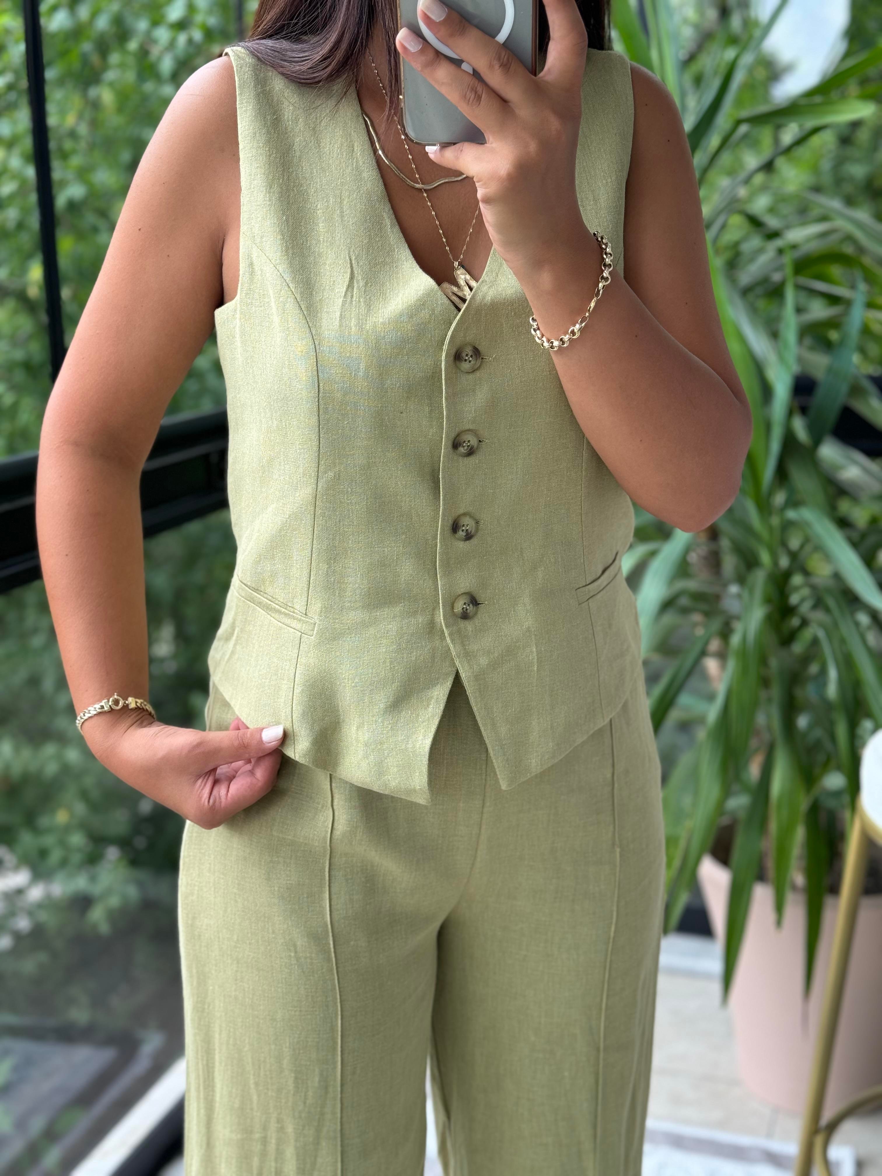 Yelekli Keten Takım Haki Yeşili