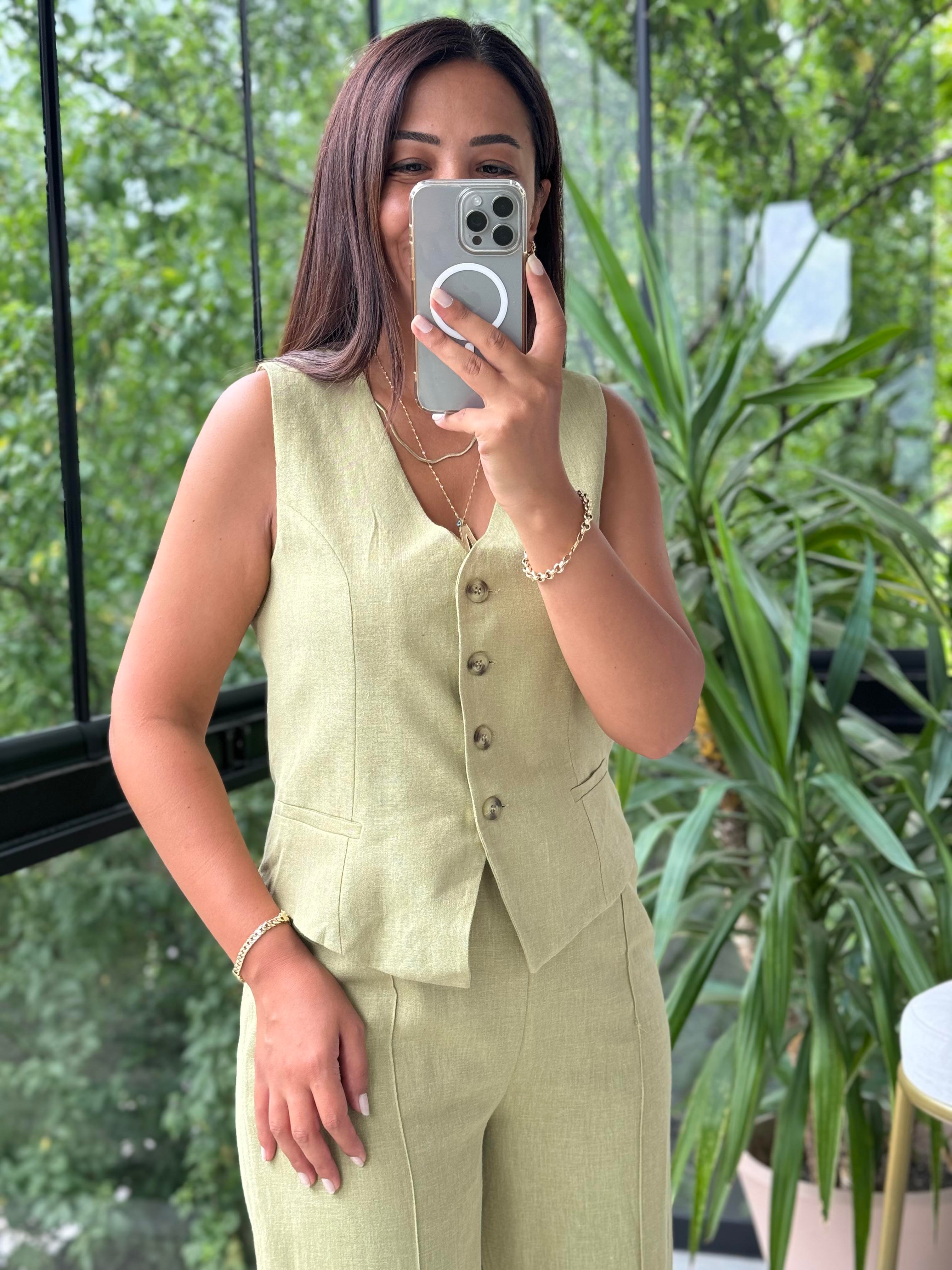 Yelekli Keten Takım Haki Yeşili