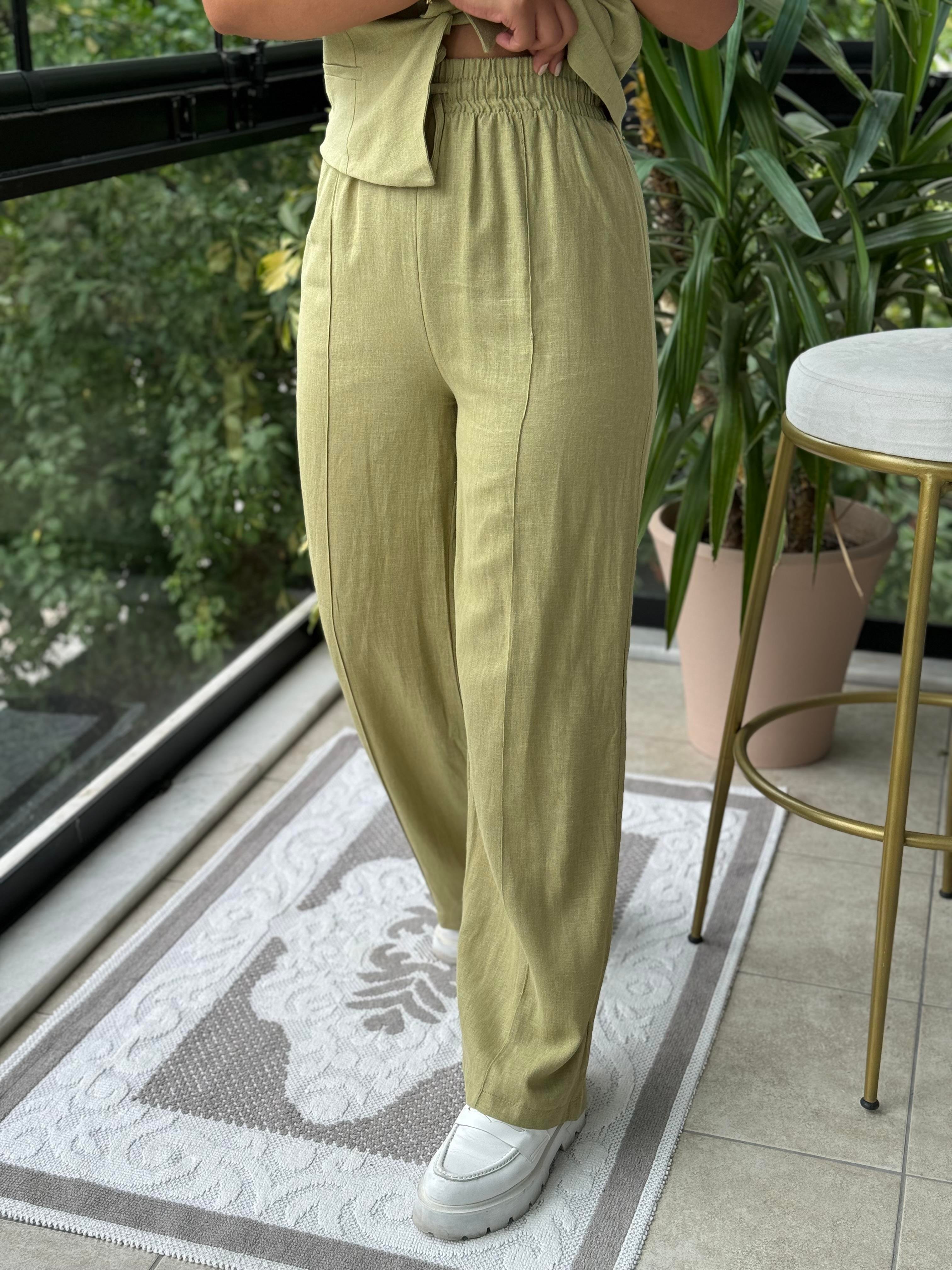 Yelekli Keten Takım Haki Yeşili