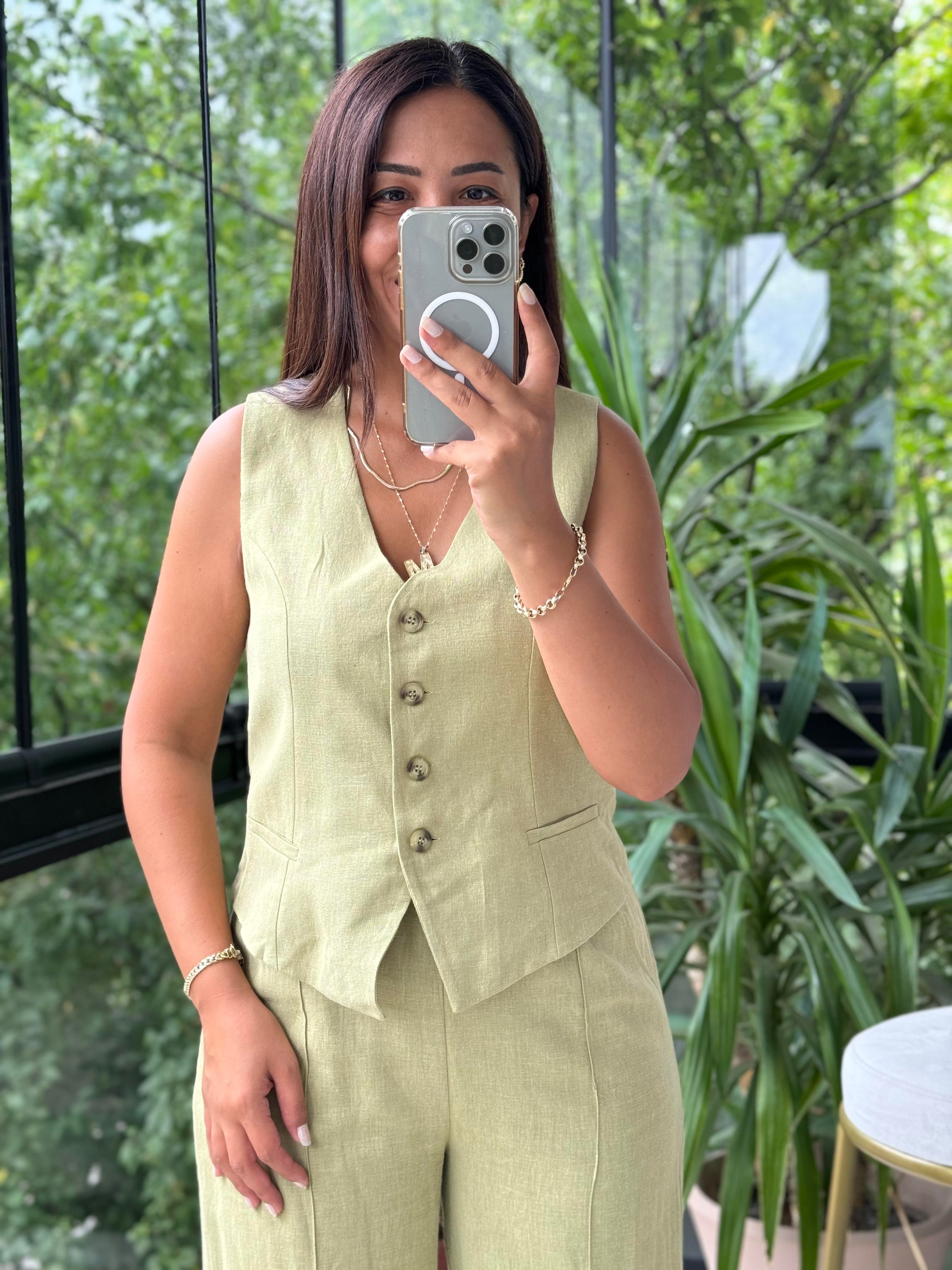 Yelekli Keten Takım Haki Yeşili