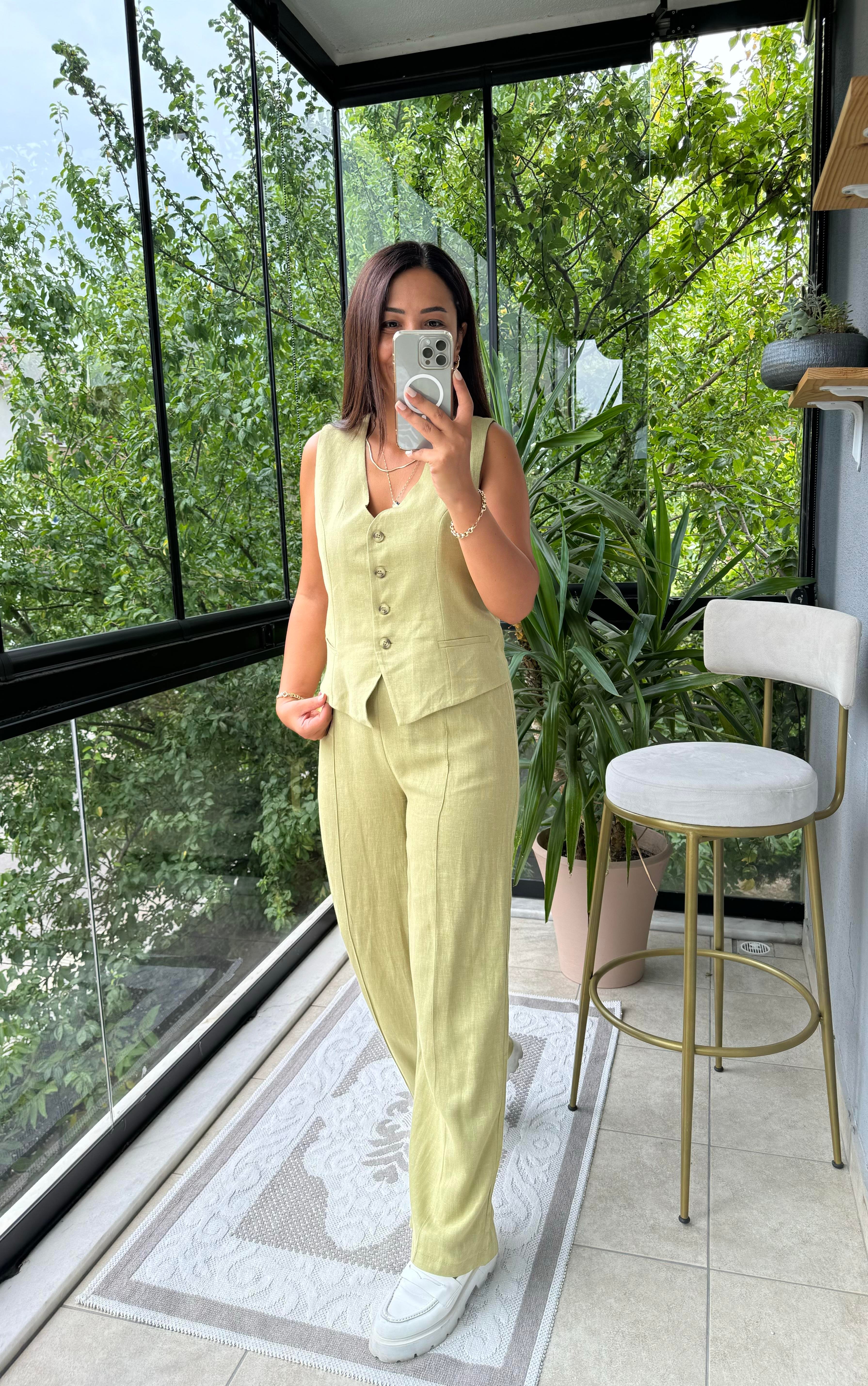 Yelekli Keten Takım Haki Yeşili