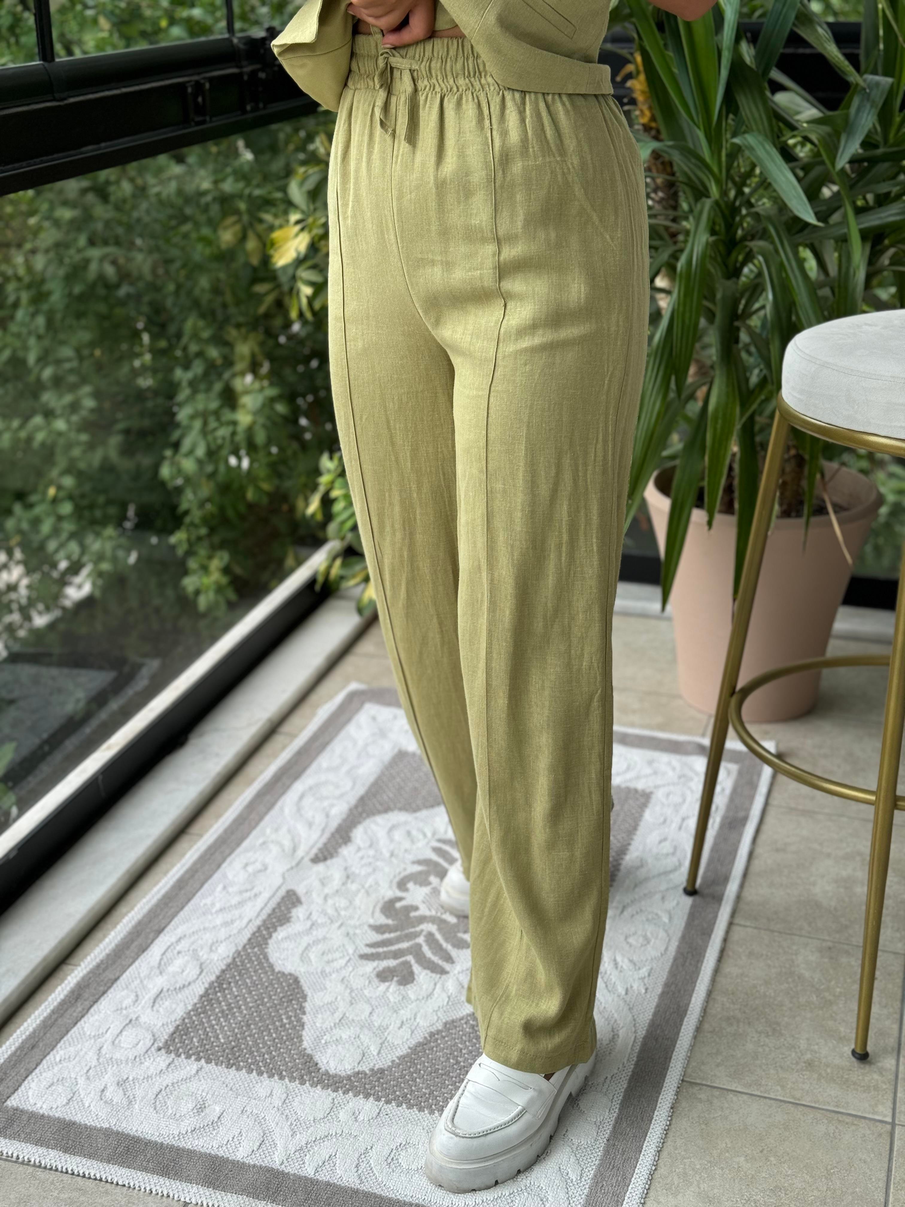 Yelekli Keten Takım Haki Yeşili