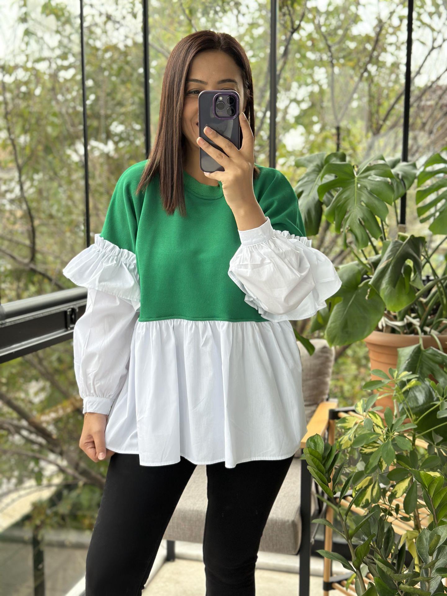 Yeşil Altı ve Kolları Poplin Kumaş Tasarım Sweatshirt