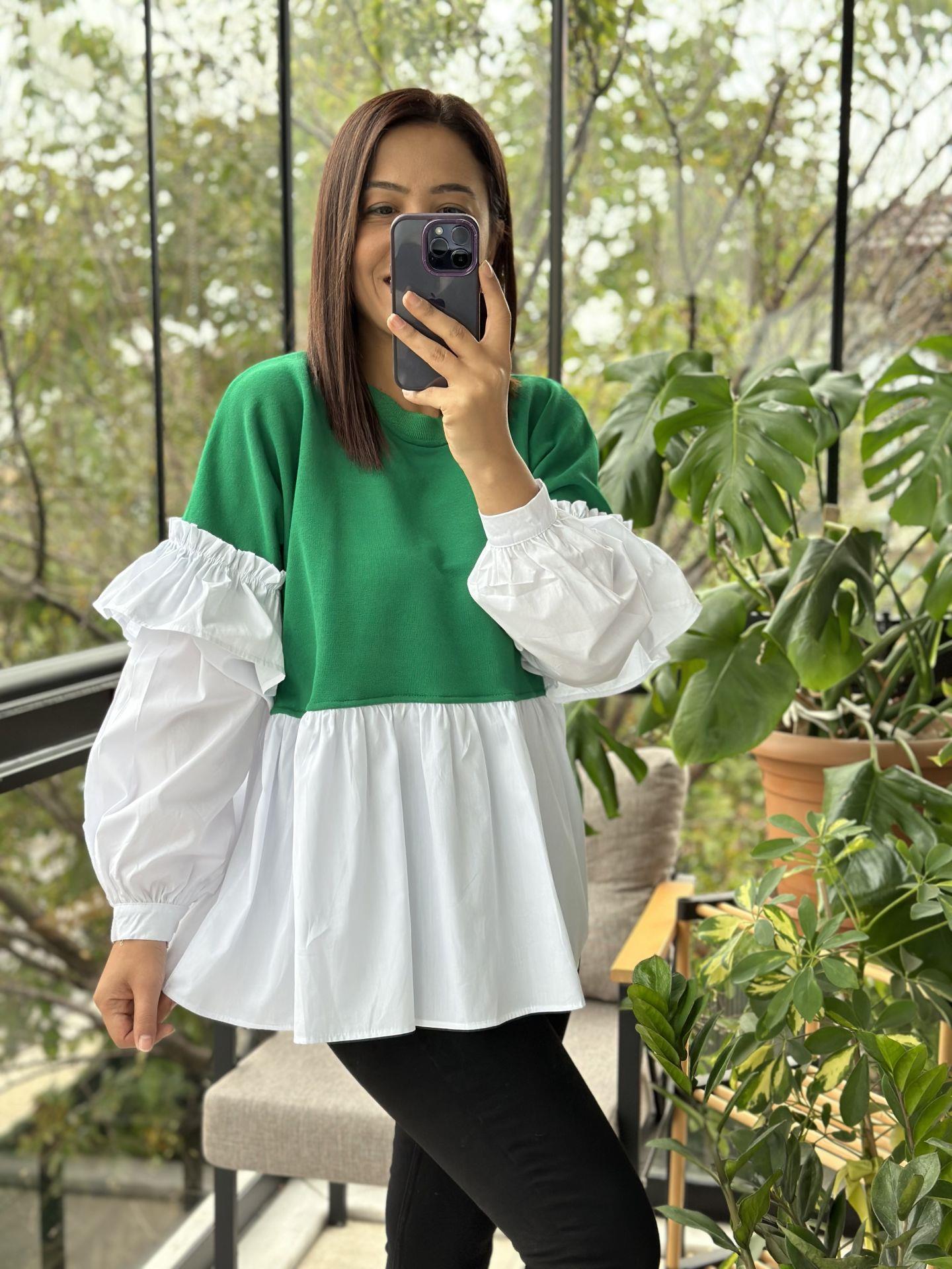 Yeşil Altı ve Kolları Poplin Kumaş Tasarım Sweatshirt