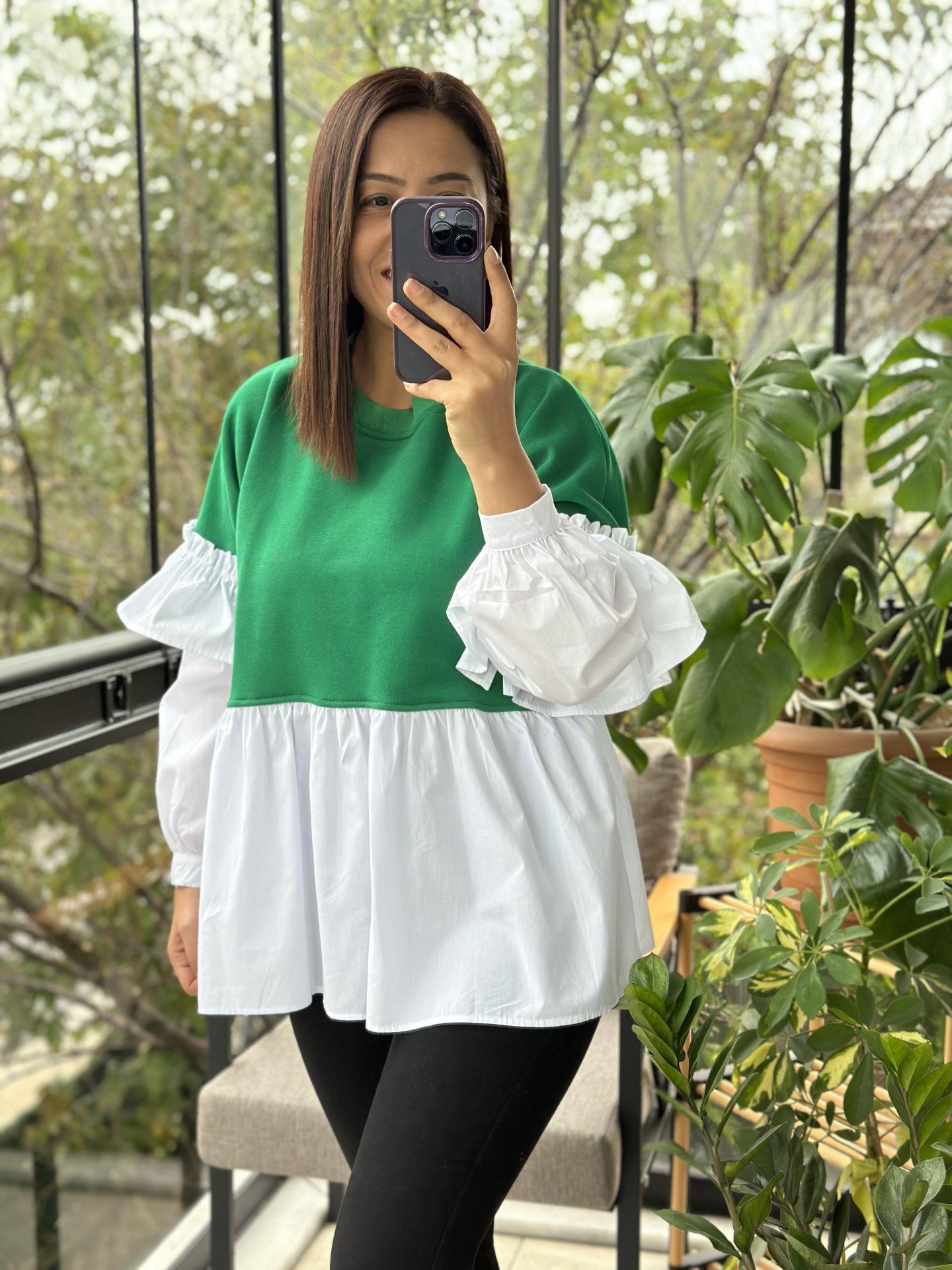 Yeşil Altı ve Kolları Poplin Kumaş Tasarım Sweatshirt