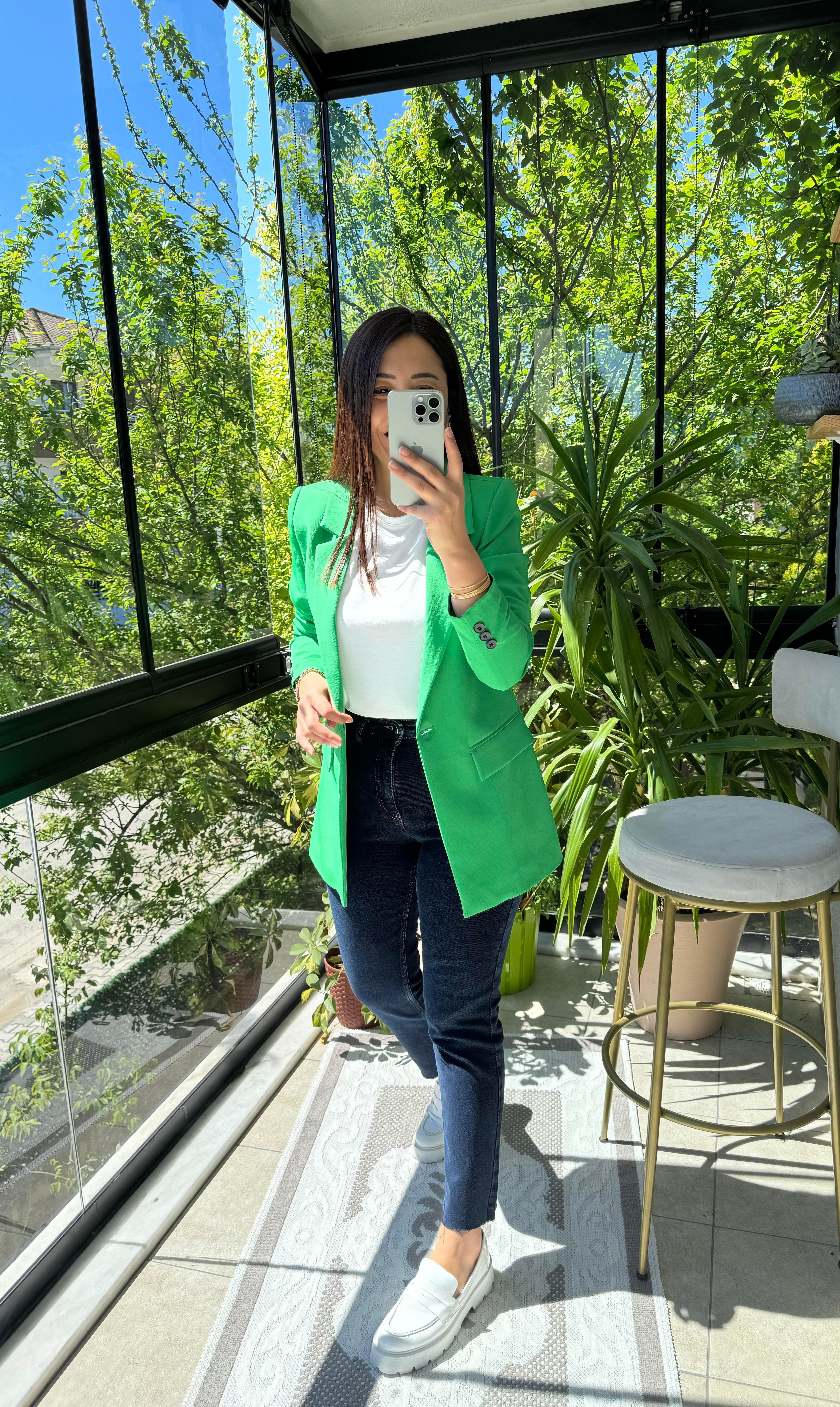 Yeşil Tek Düğme Blazer Ceket