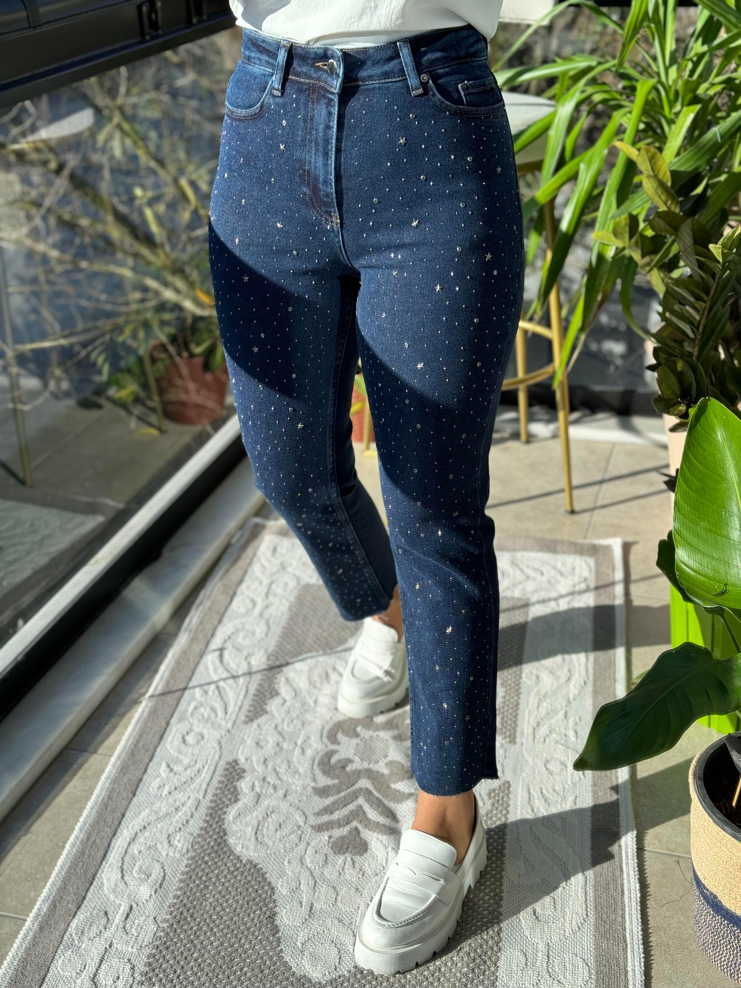 Yıldız Taşlı Kesik Paça Mom Jean Lacivert