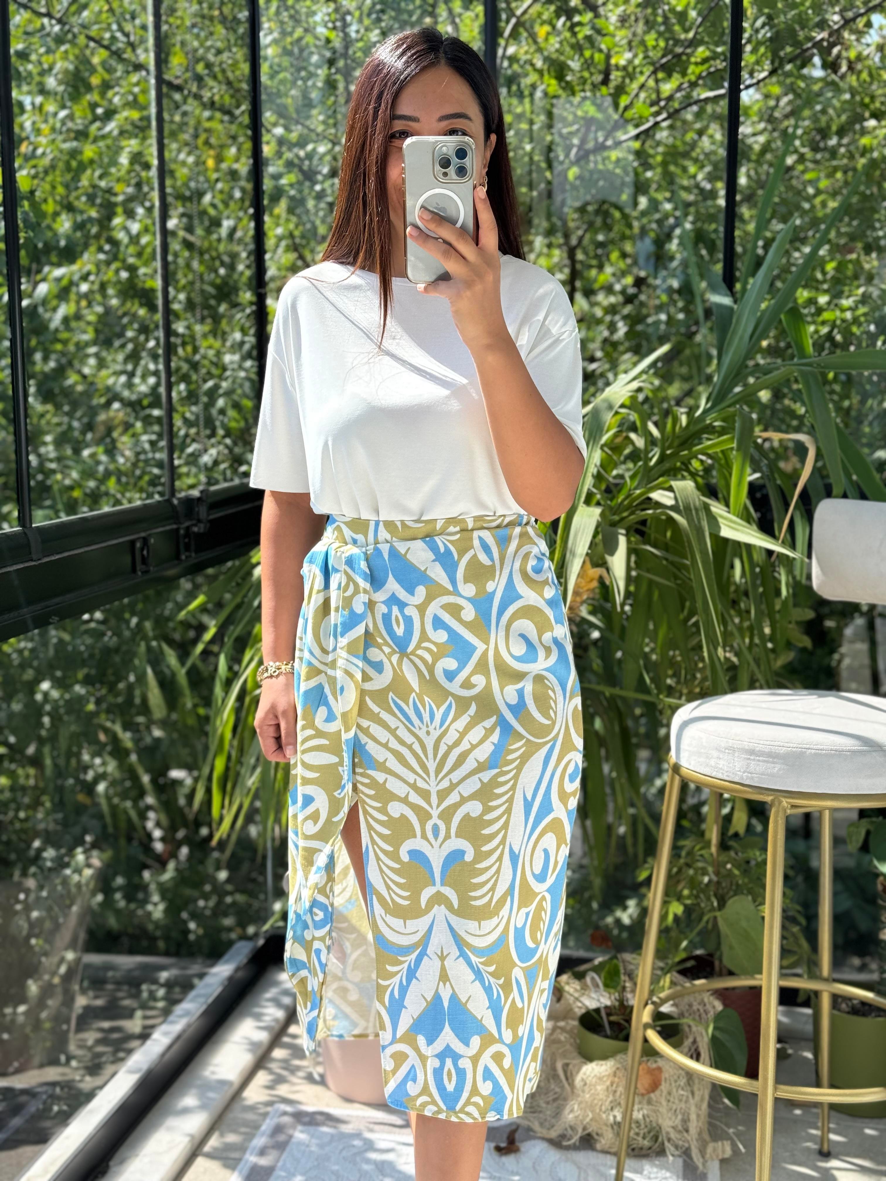 Yırtmaçlı Desenli Etek Mavi