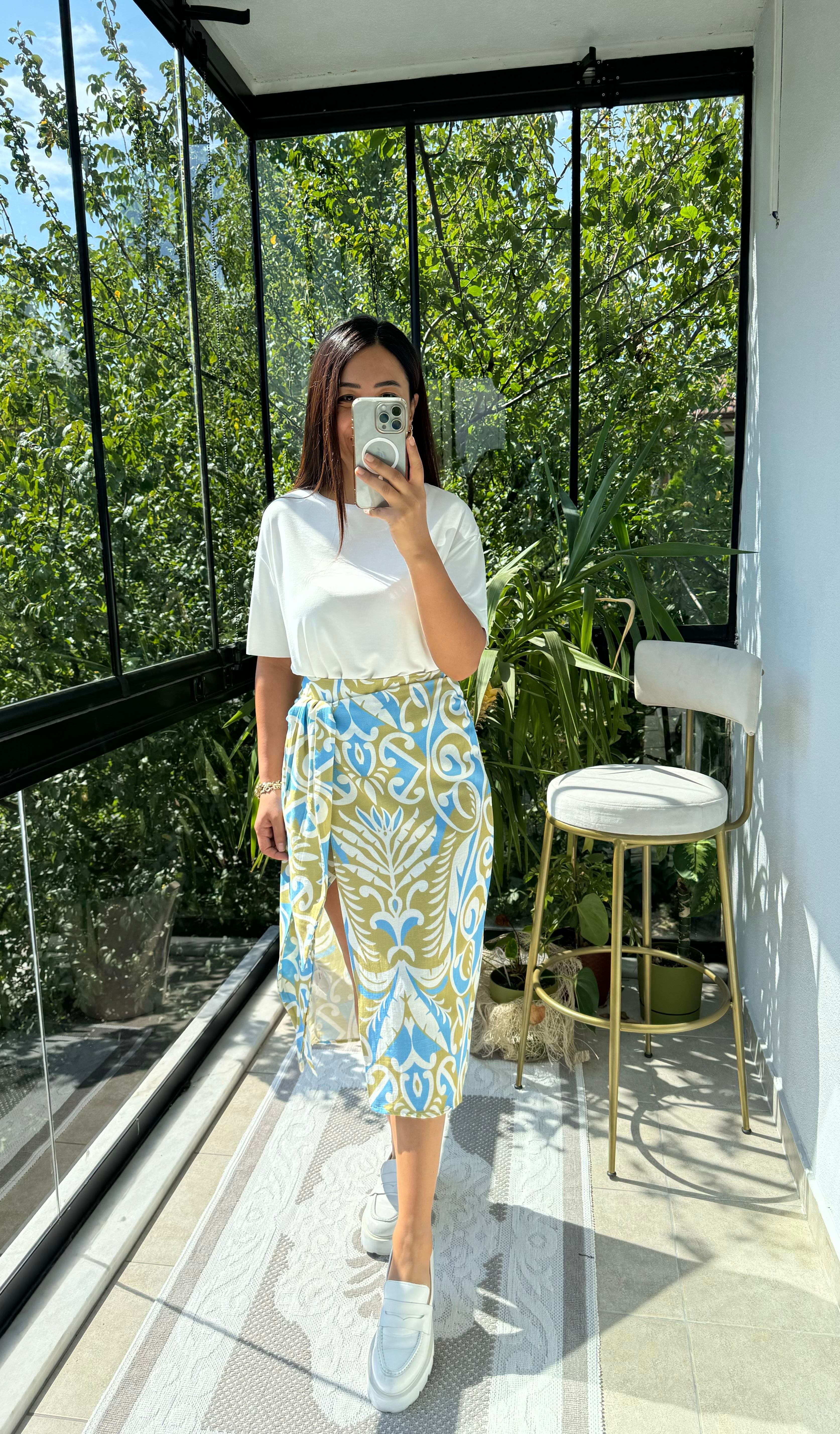 Yırtmaçlı Desenli Etek Mavi