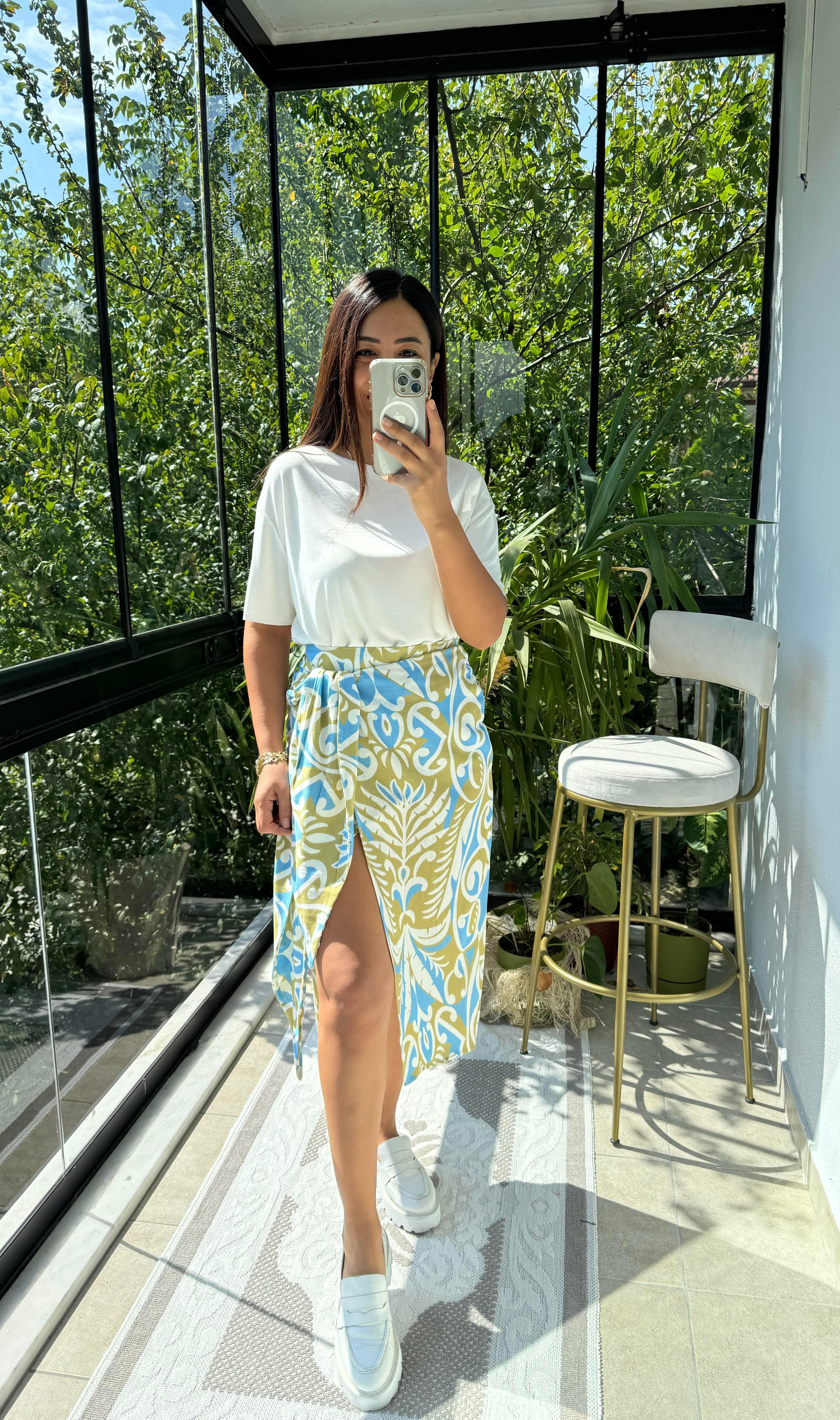 Yırtmaçlı Desenli Etek Mavi