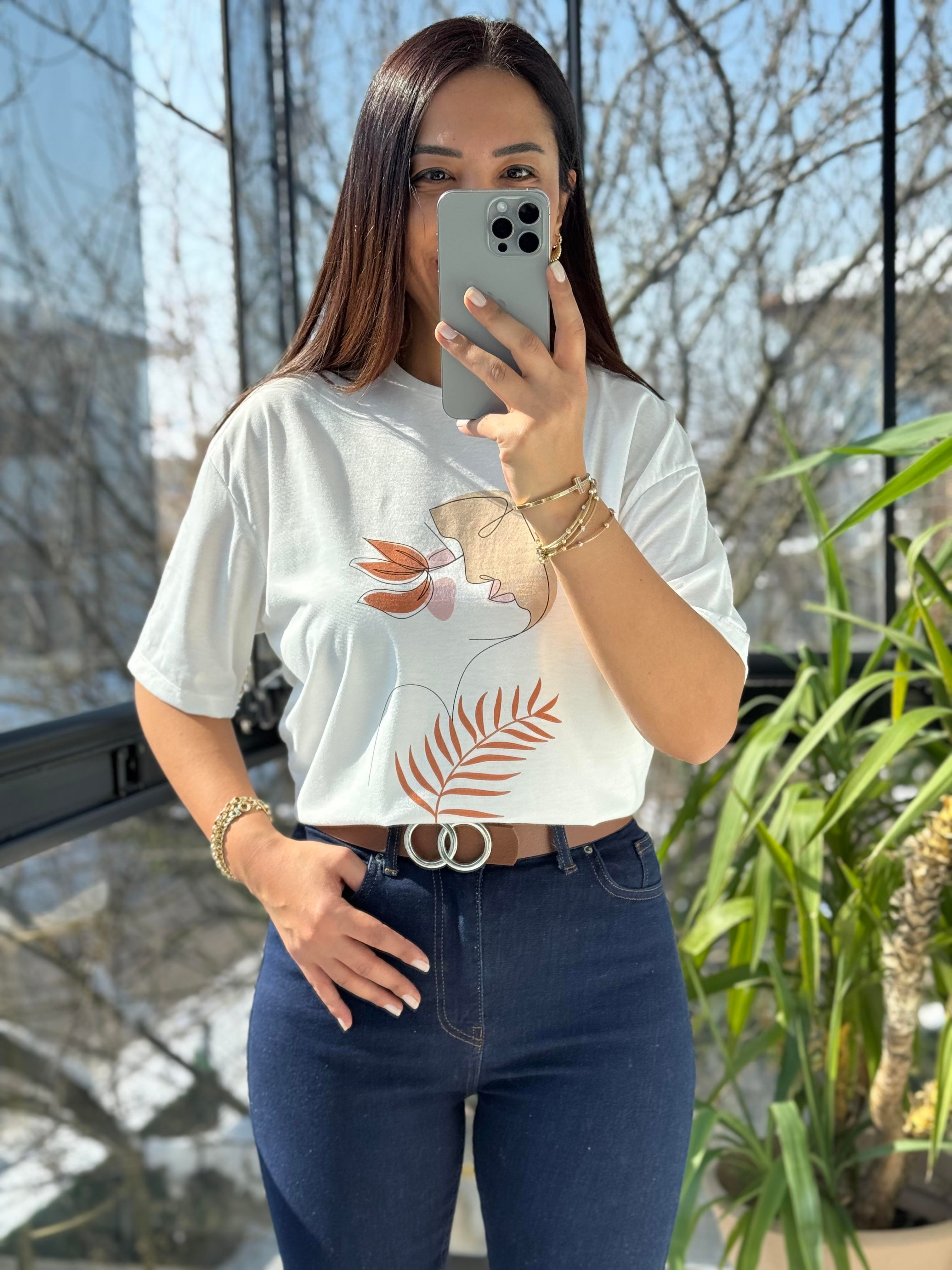 Yüz Yaprak Baskılı Tişört Pembe