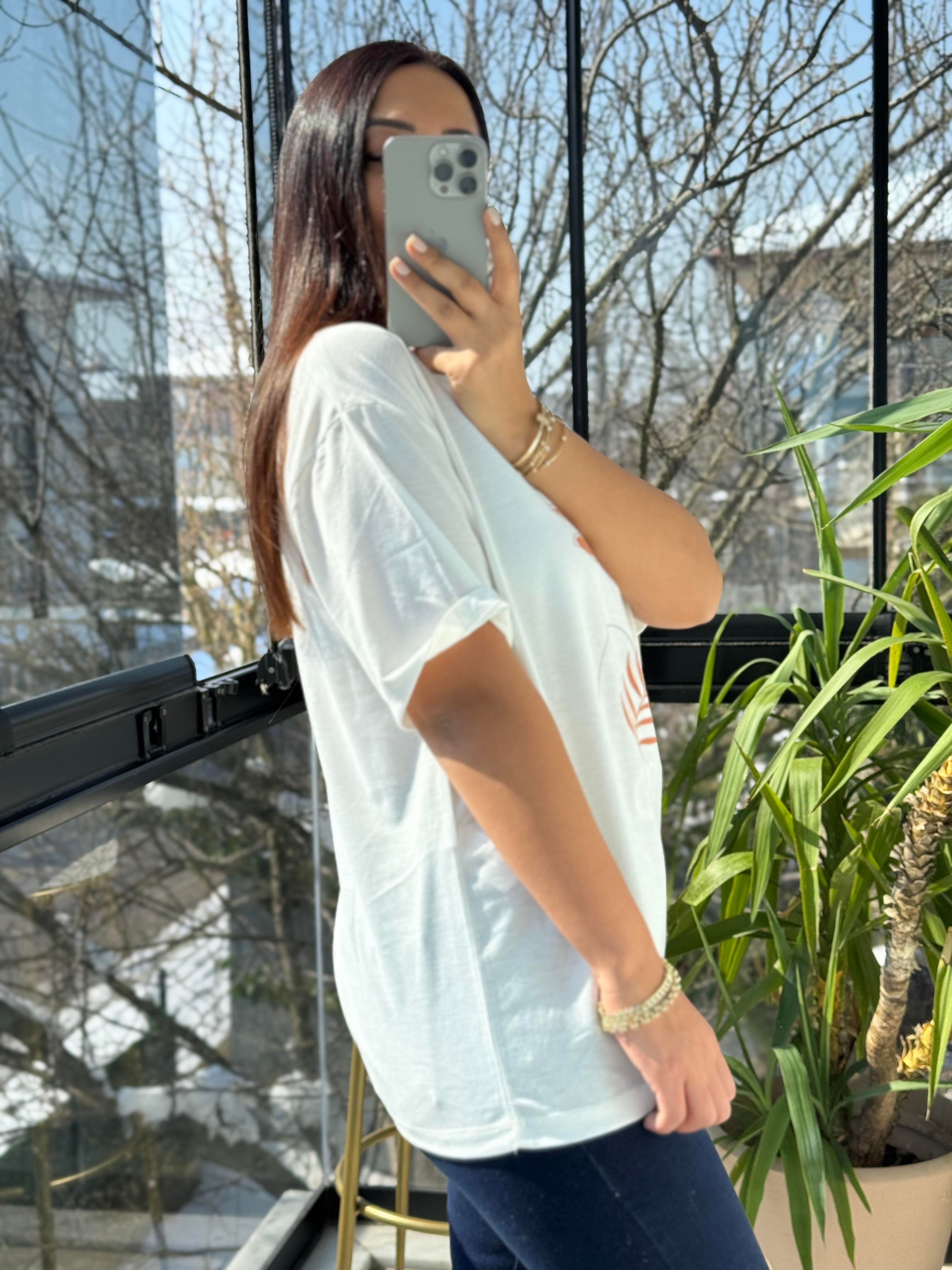 Yüz Yaprak Baskılı Tişört Pembe