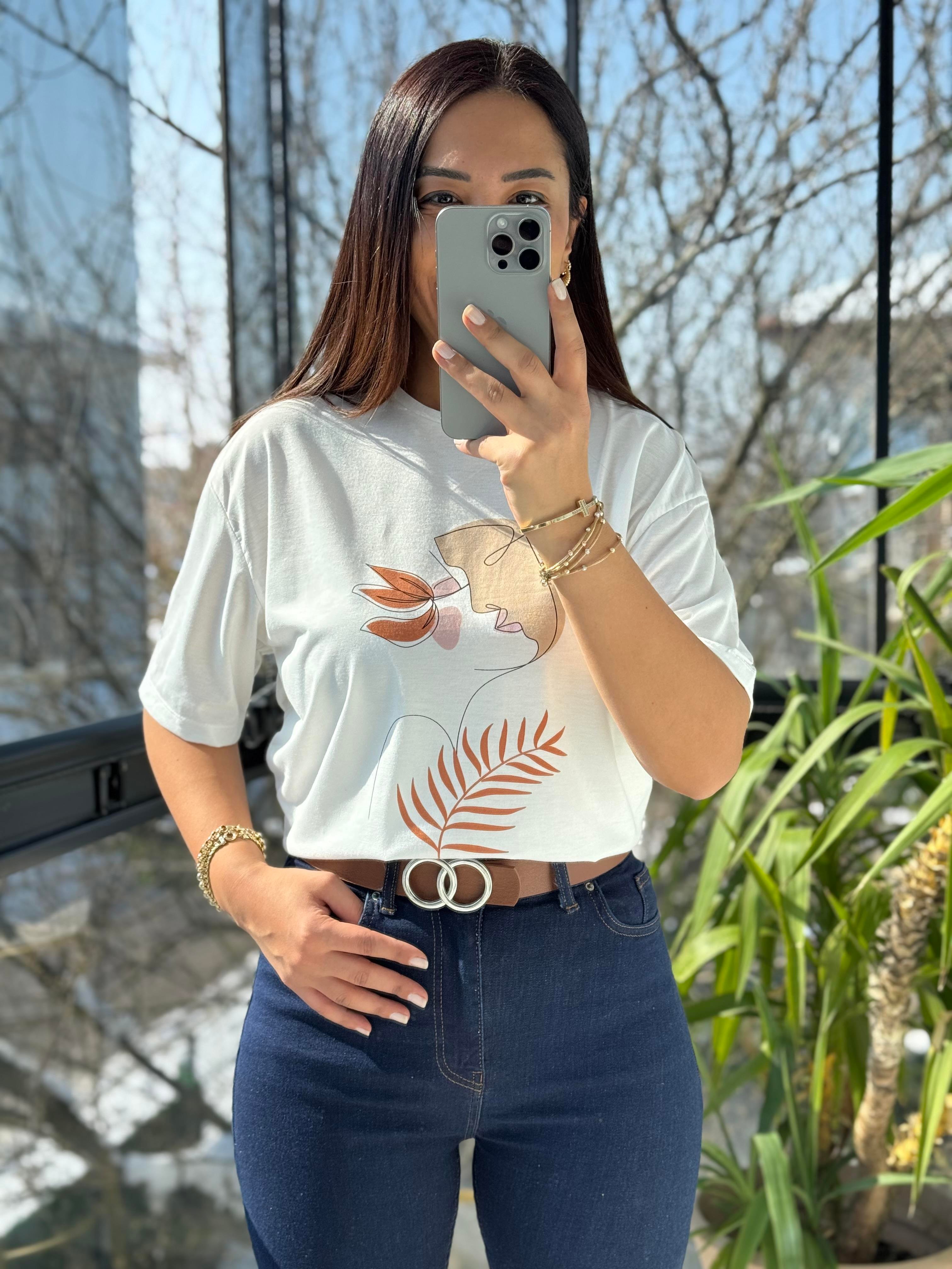 Yüz Yaprak Baskılı Tişört Pembe