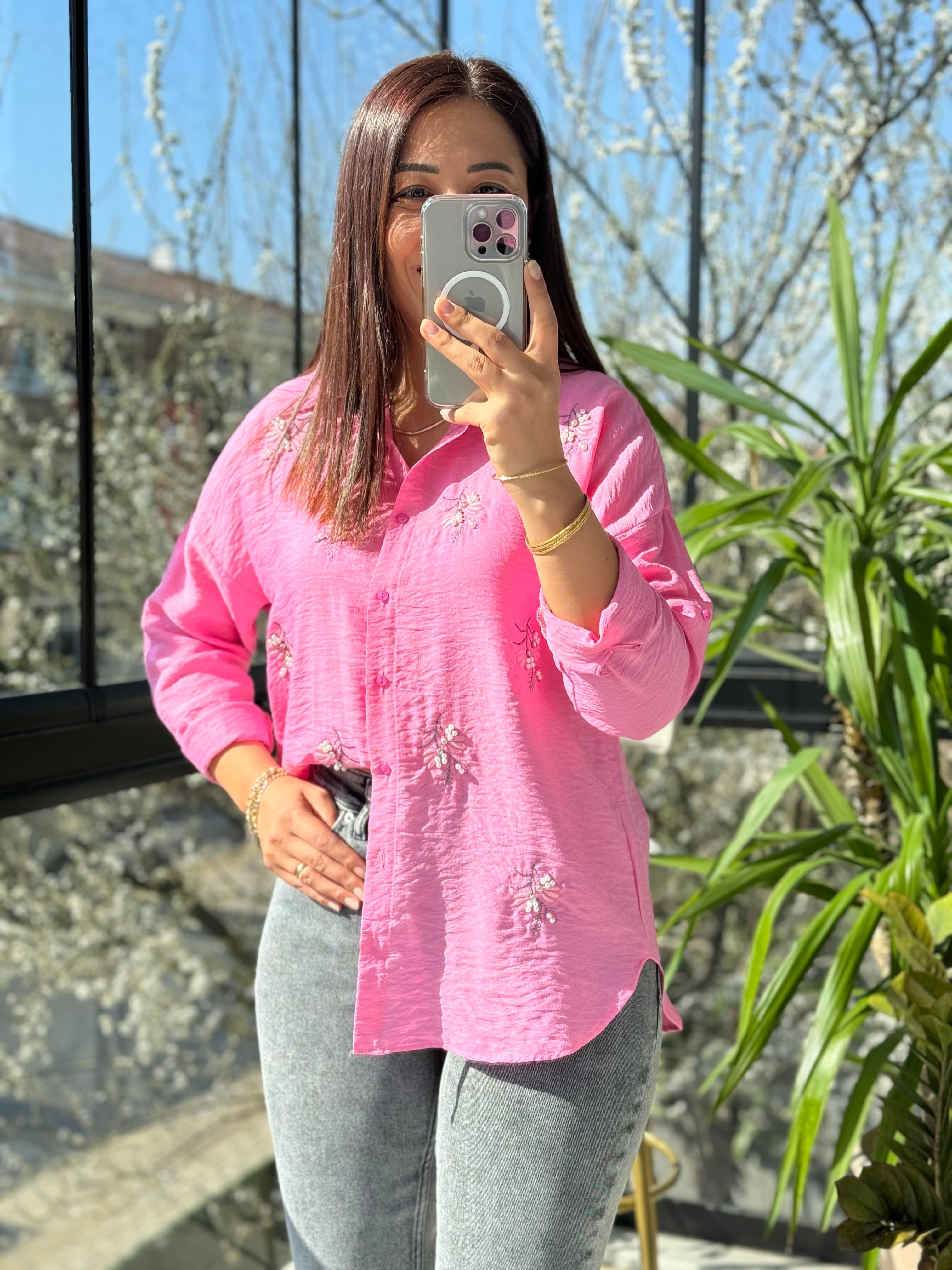 Zeytin Dalı Pamuklu Gömlek Pembe