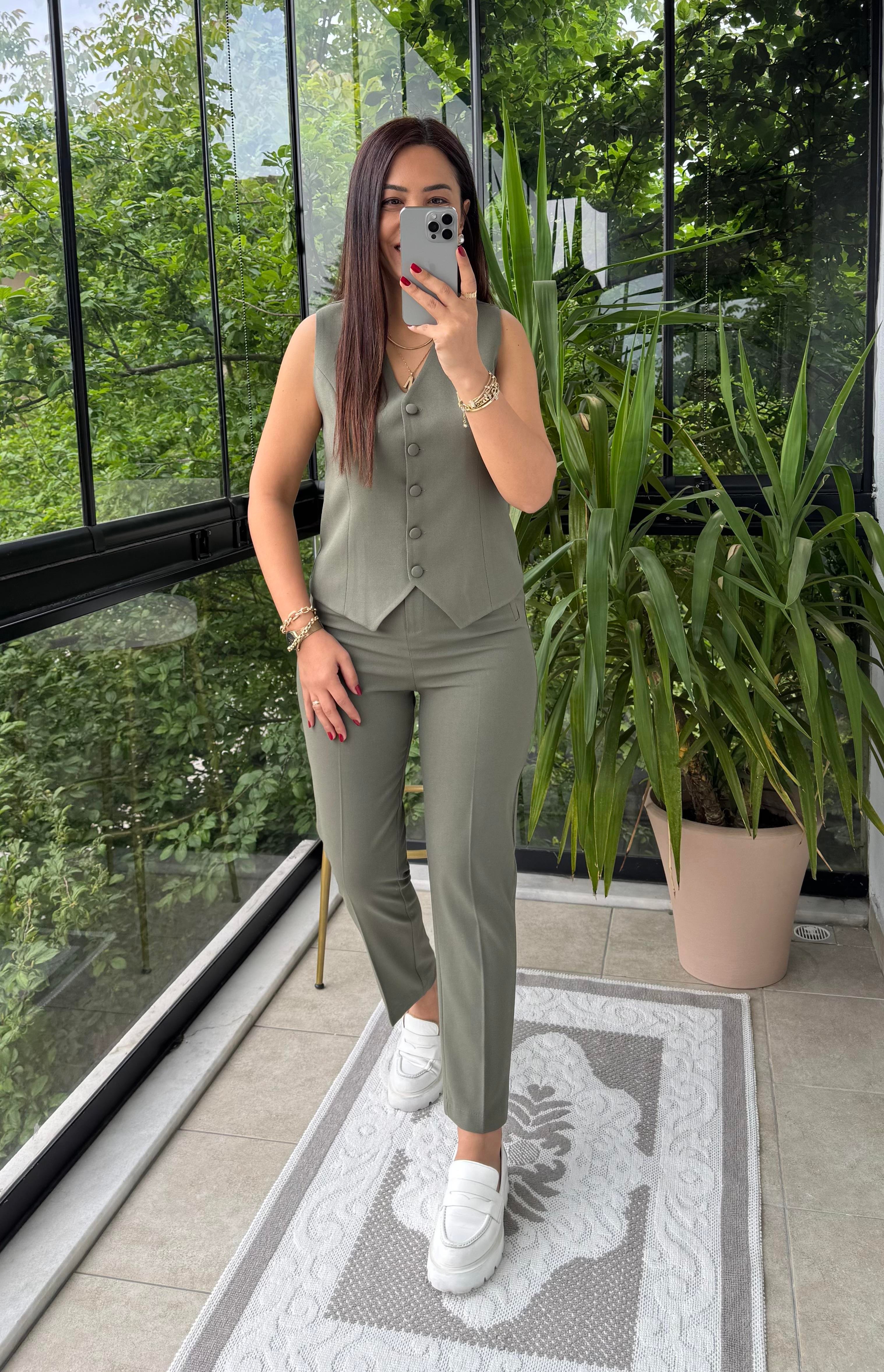 Zra Model Yelekli Takım Haki Yeşili