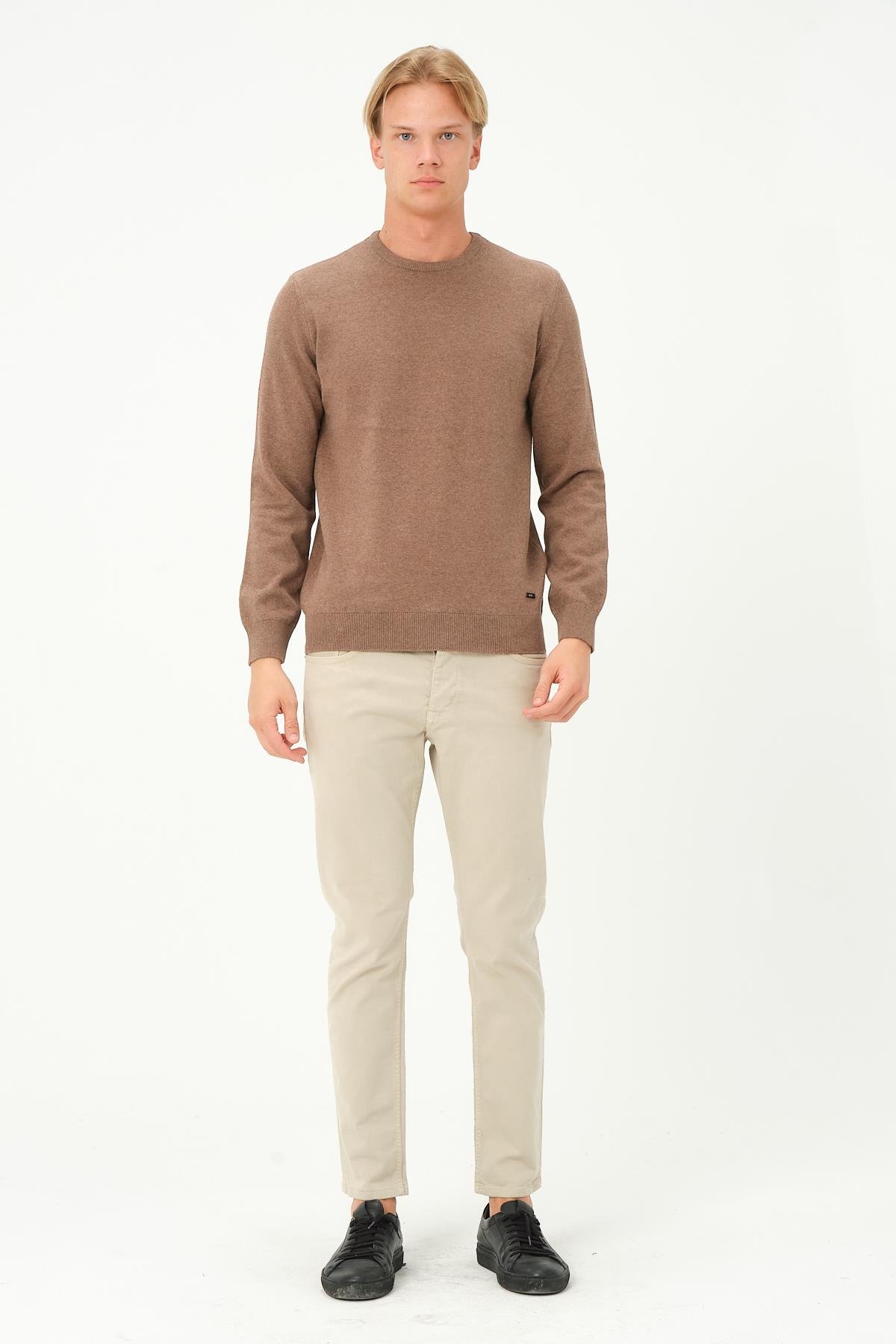 MSW Erkek Regular Fit Bisiklet Yaka Taba Triko